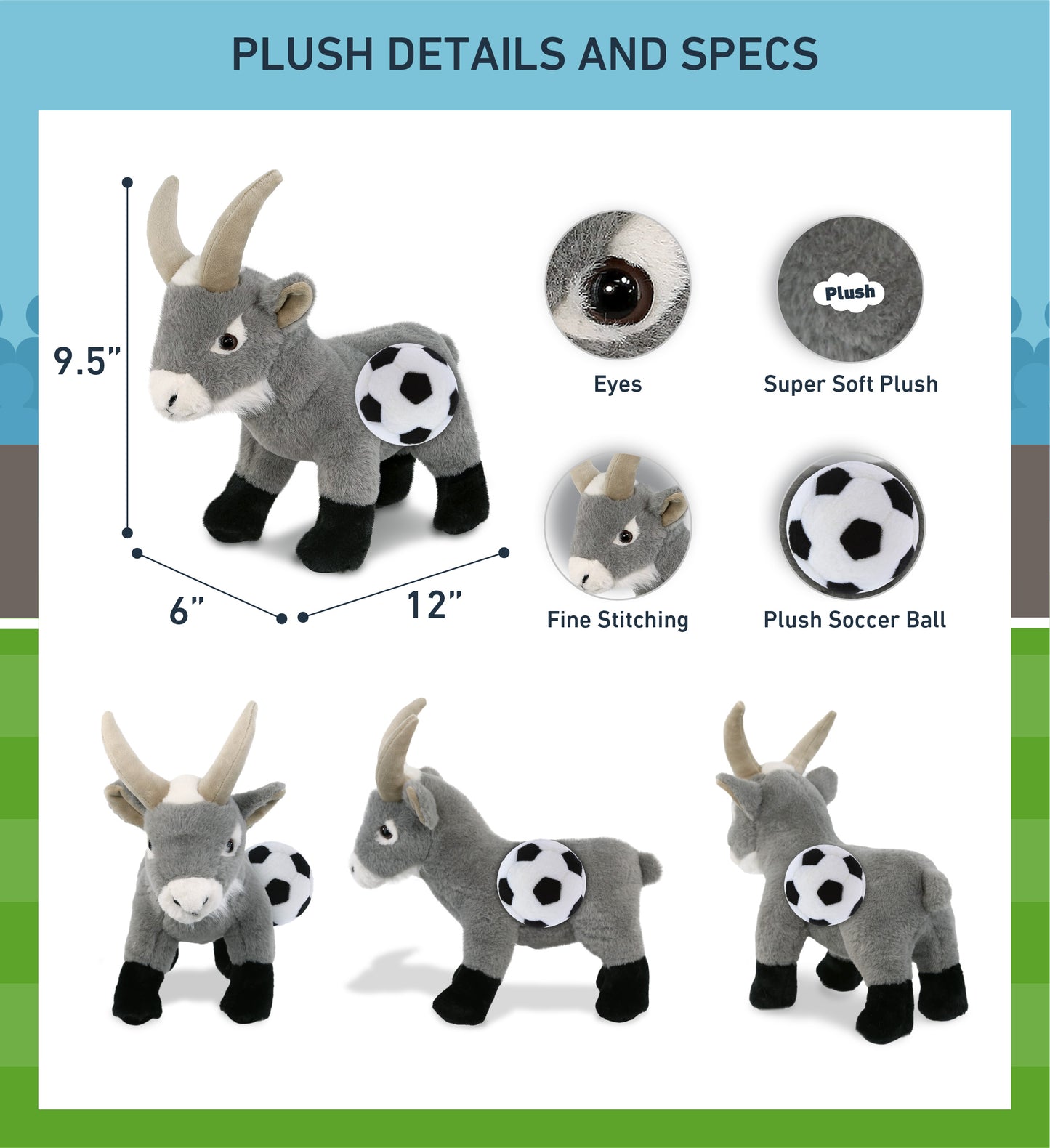 SUPER-SOFT PLUSH - GREY GOAT 12" WITH SOCCER PLUSH