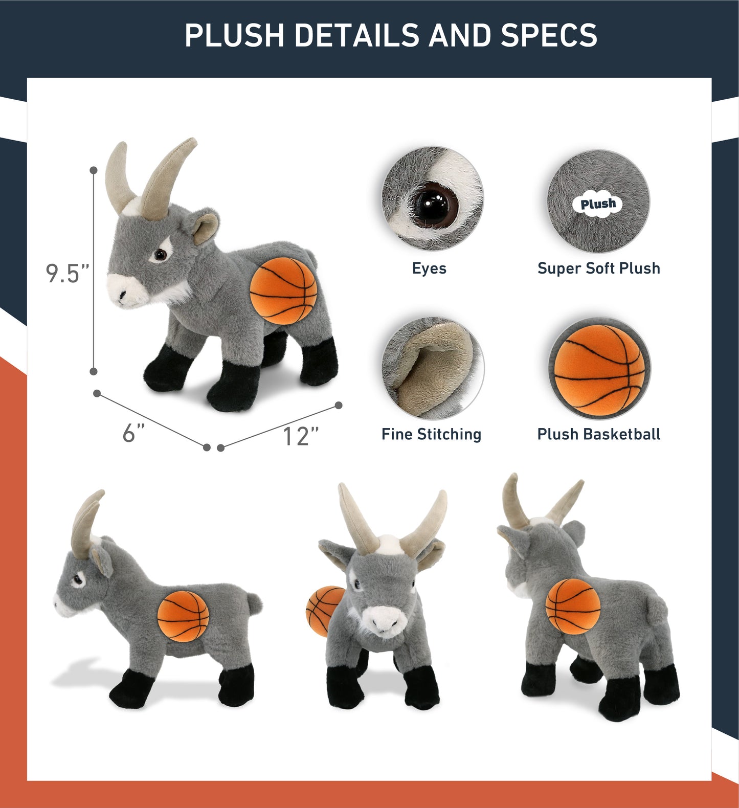 SUPER-SOFT PLUSH - GREY GOAT 12" WITH BASKETBALL PLUSH