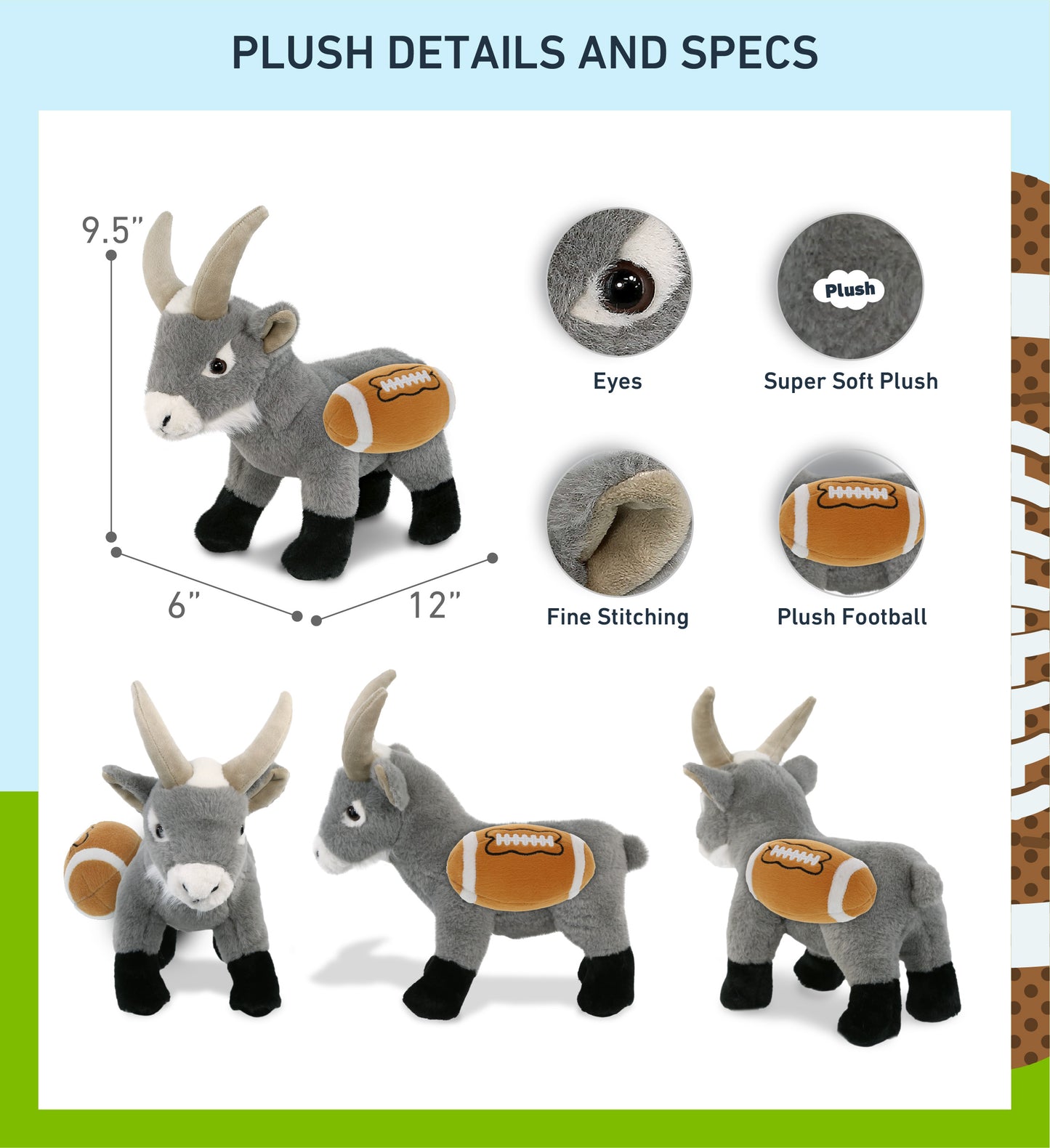 SUPER-SOFT PLUSH - GREY GOAT 12" WITH FOOTBALL PLUSH