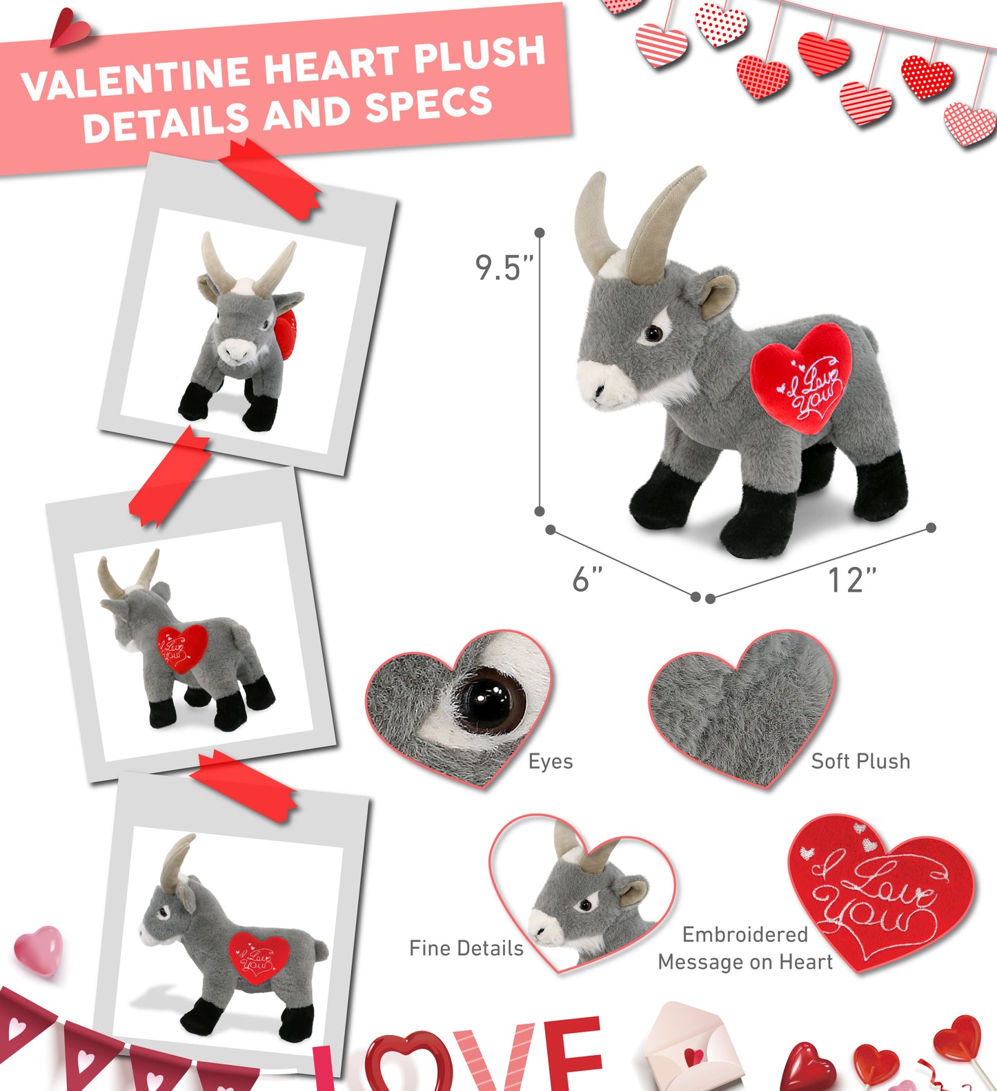 PLUSH I LOVE YOU RED HEART - SUPER-SOFT PLUSH - GREY GOAT 12"