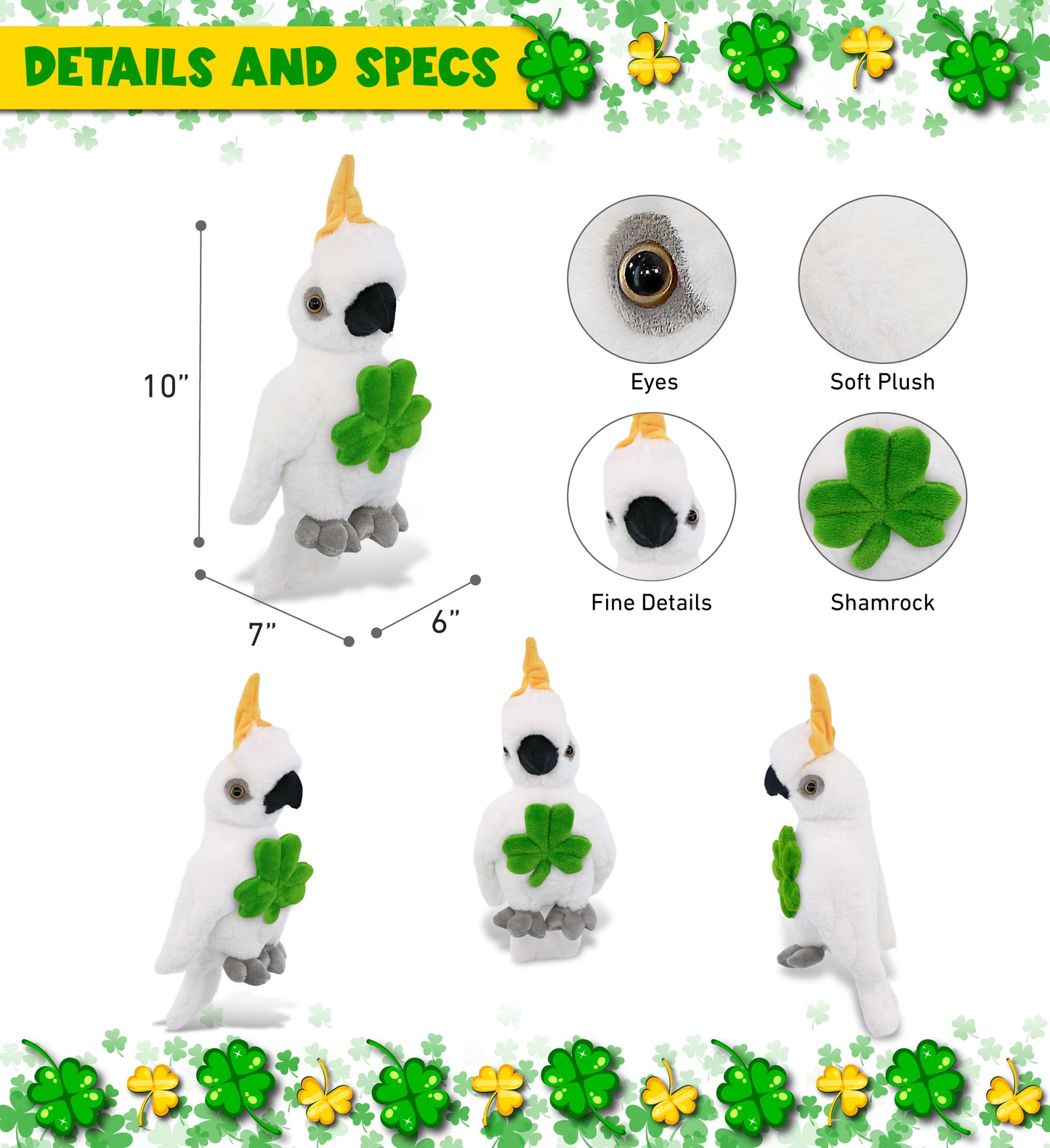 DolliBu Super Soft Cockatoo Stuffed Animal with Green Plush Shamrock - 10 Inch