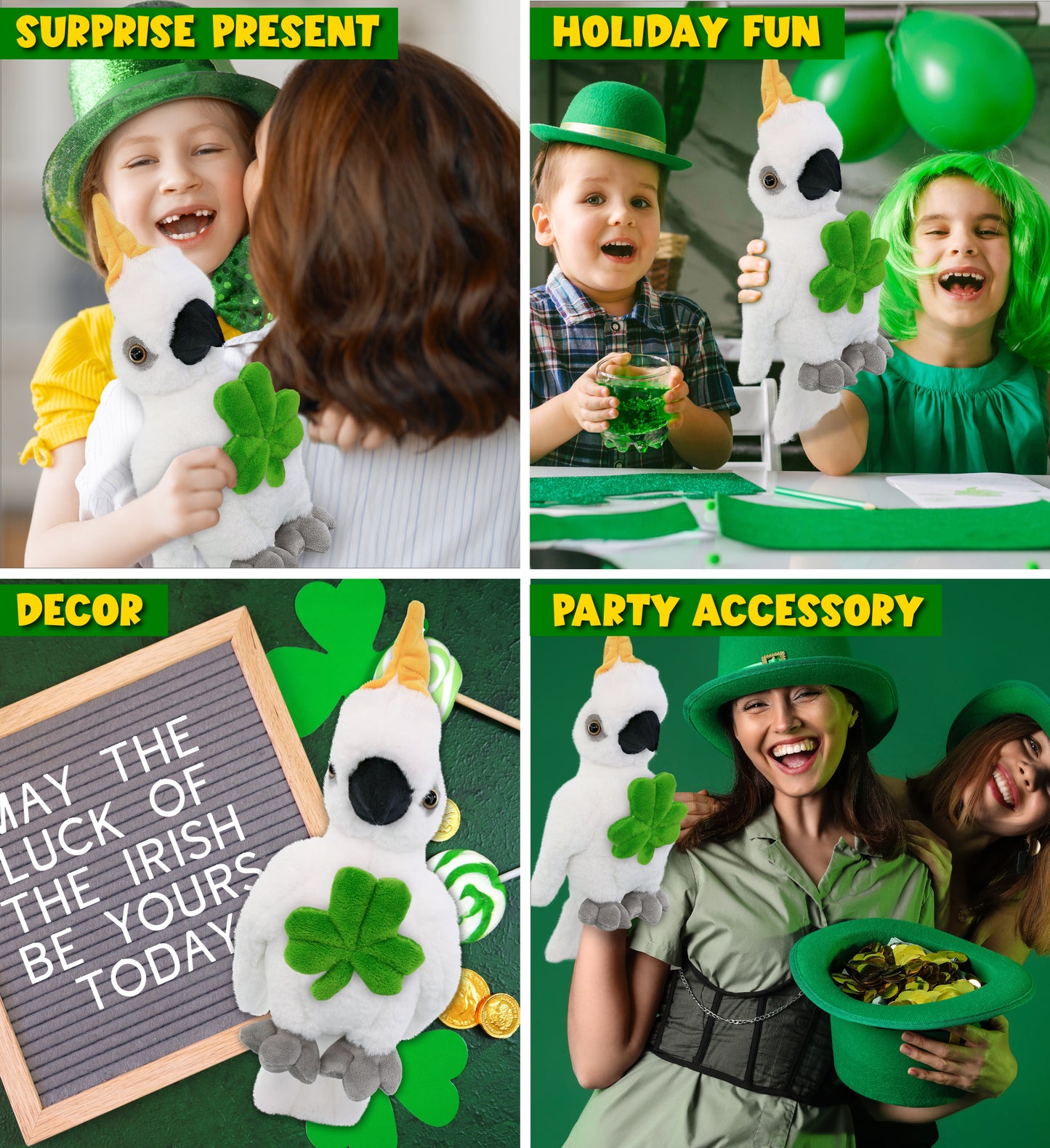 DolliBu Super Soft Cockatoo Stuffed Animal with Green Plush Shamrock - 10 Inch