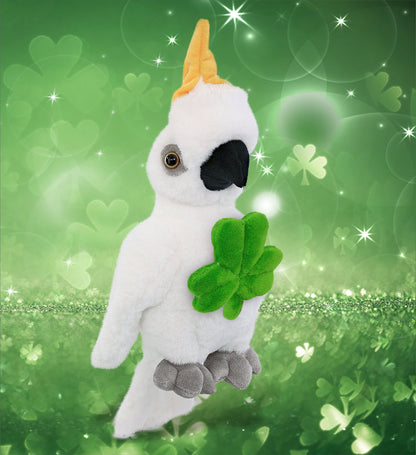 DolliBu Super Soft Cockatoo Stuffed Animal with Green Plush Shamrock - 10 Inch