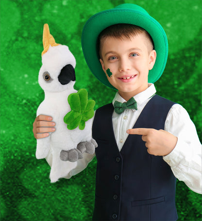 DolliBu Super Soft Cockatoo Stuffed Animal with Green Plush Shamrock - 10 Inch