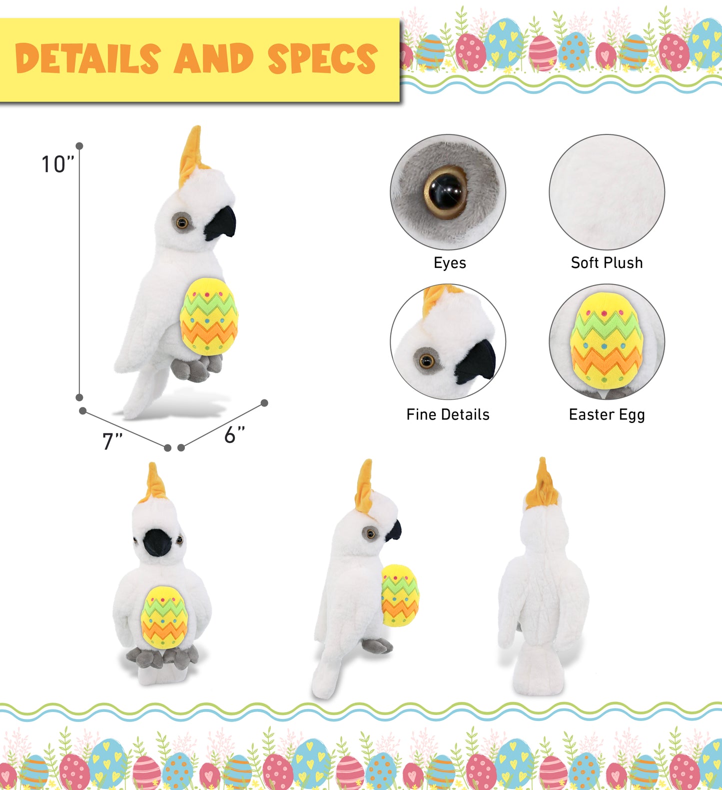 DolliBu Super Soft Cute Cockatoo with Yellow Easter Egg Plush Toy - 10 Inches