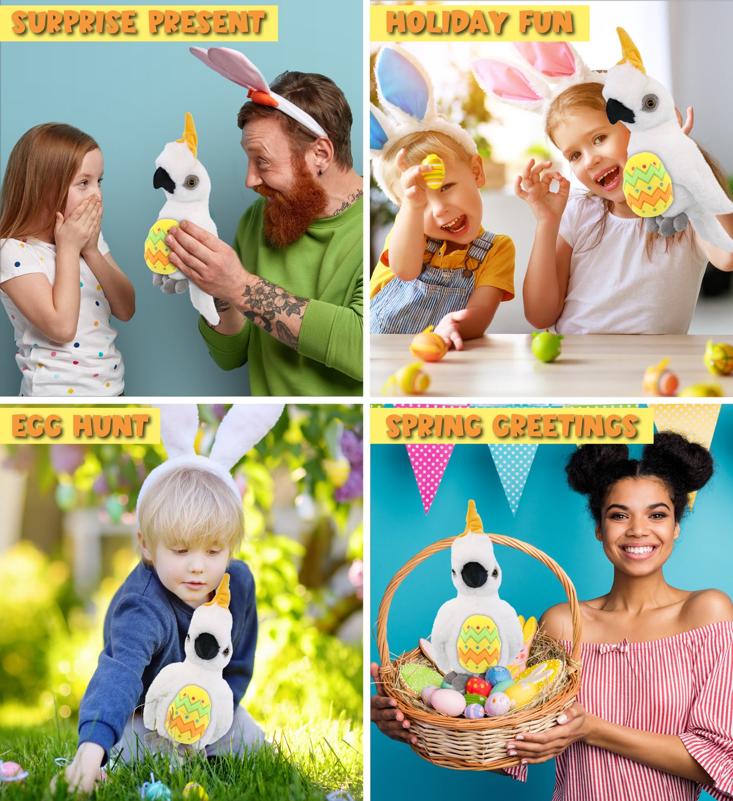 DolliBu Super Soft Cute Cockatoo with Yellow Easter Egg Plush Toy - 10 Inches