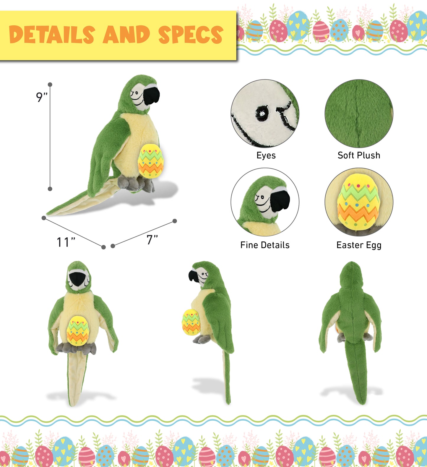 DolliBu Super Soft Cute Green Parrot with Yellow Easter Egg Plush - 9 Inches