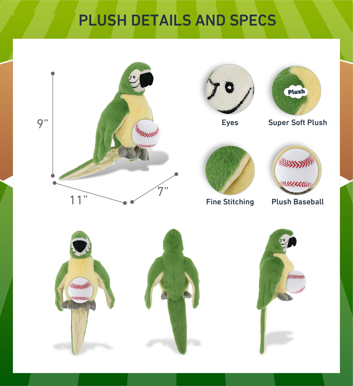 SUPER-SOFT PLUSH - GREEN PARROT 9" WITH BASEBALL PLUSH