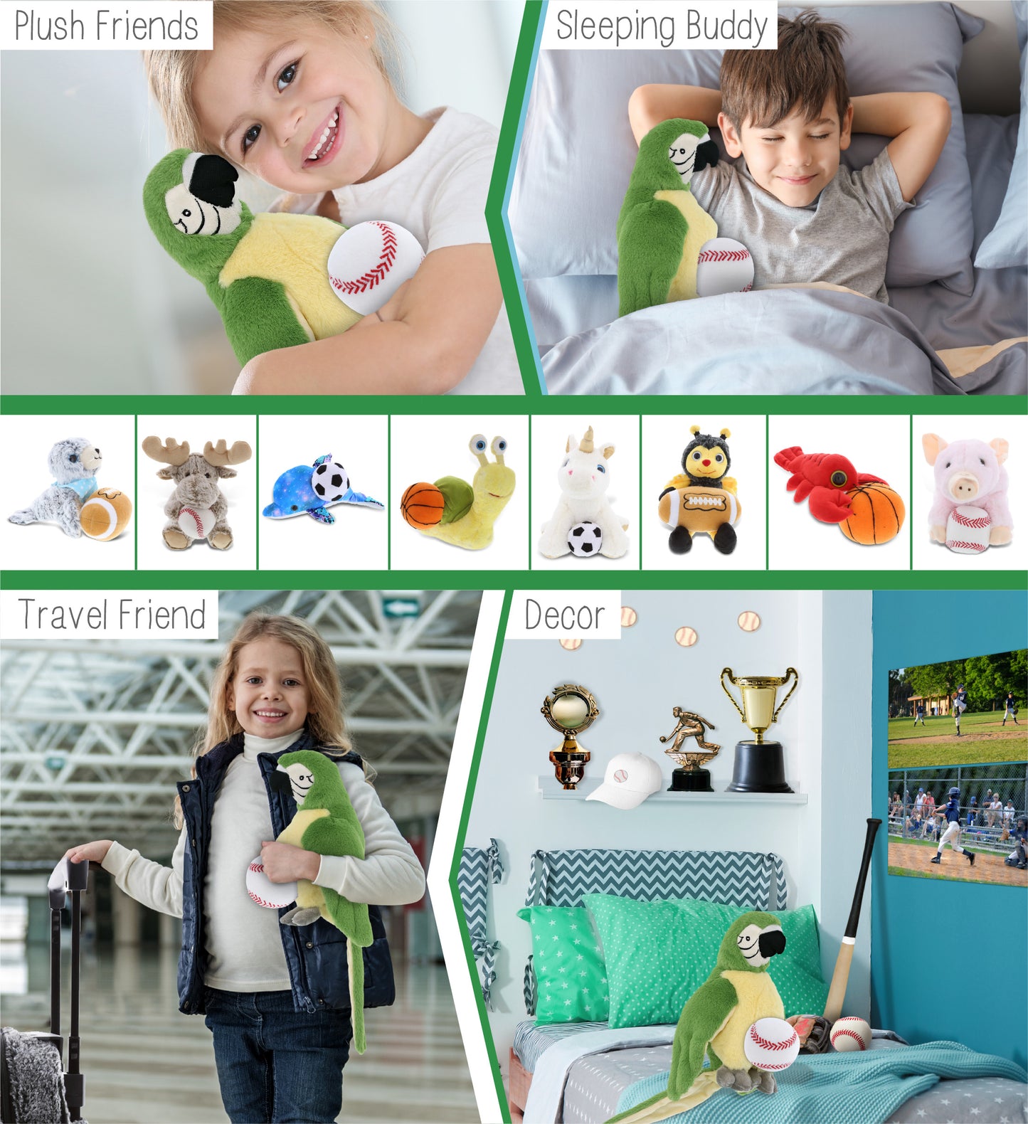 SUPER-SOFT PLUSH - GREEN PARROT 9" WITH BASEBALL PLUSH