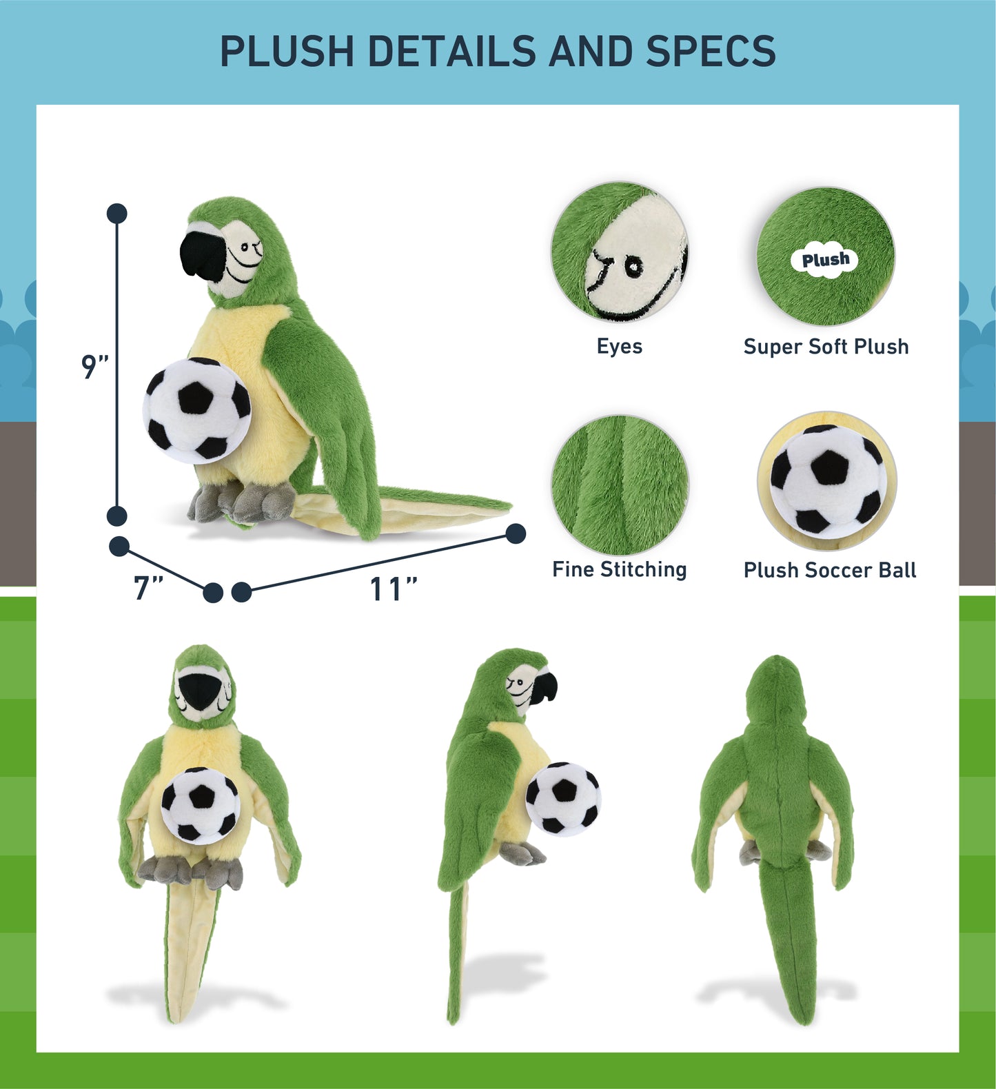 SUPER-SOFT PLUSH - GREEN PARROT 9" WITH SOCCER PLUSH