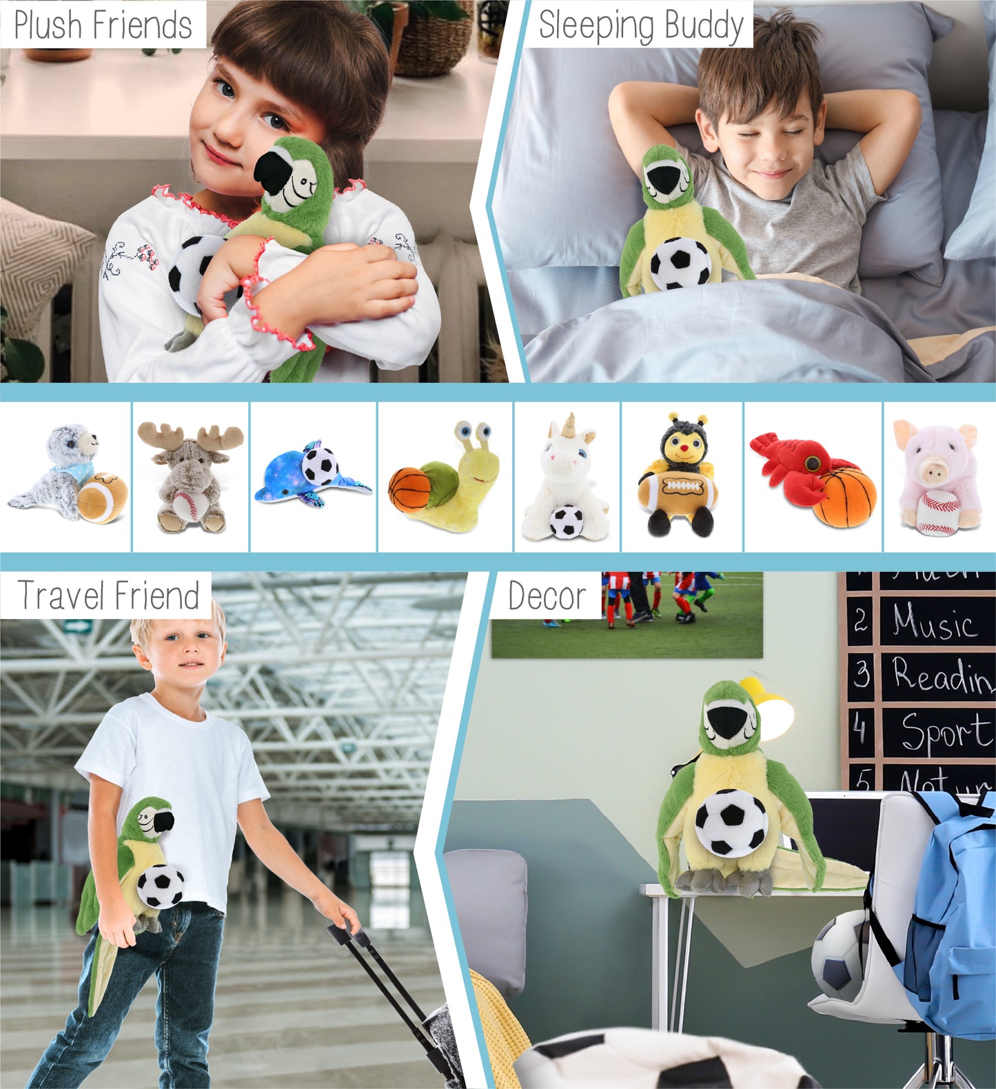 SUPER-SOFT PLUSH - GREEN PARROT 9" WITH SOCCER PLUSH