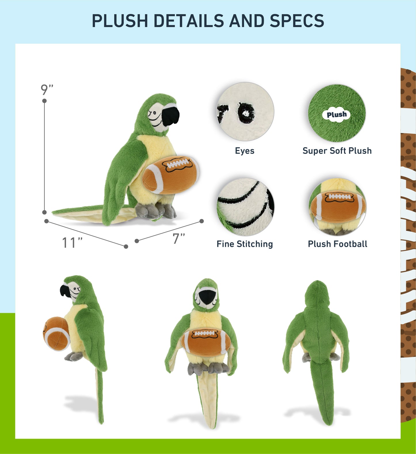 SUPER-SOFT PLUSH - GREEN PARROT 9" WITH FOOTBALL PLUSH