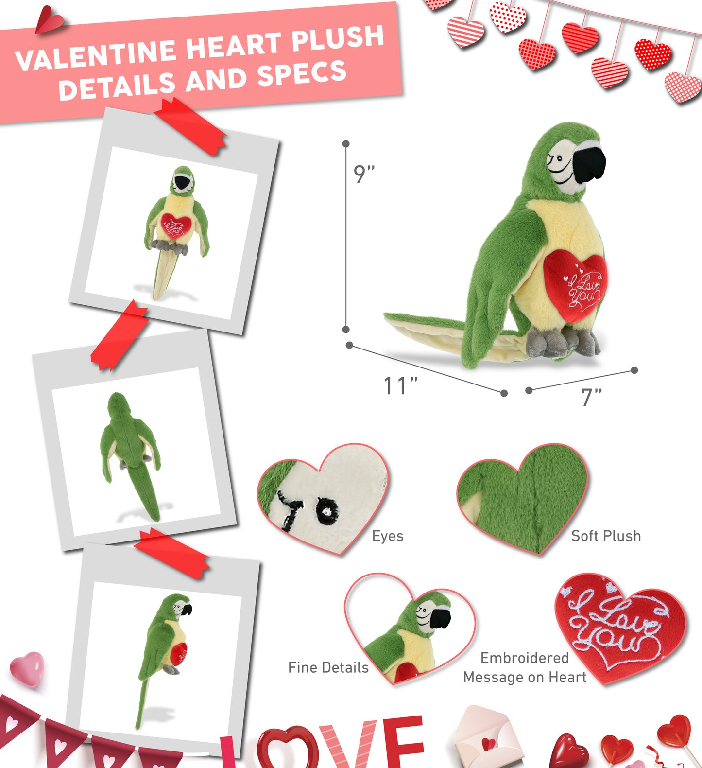 PLUSH I LOVE YOU RED HEART - SUPER-SOFT PLUSH - GREEN PARROT 9"