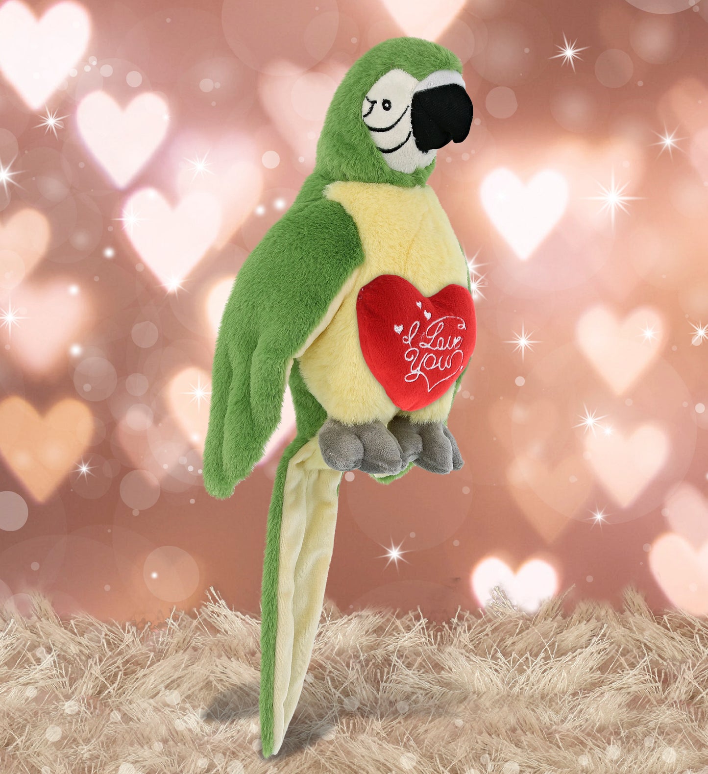 PLUSH I LOVE YOU RED HEART - SUPER-SOFT PLUSH - GREEN PARROT 9"