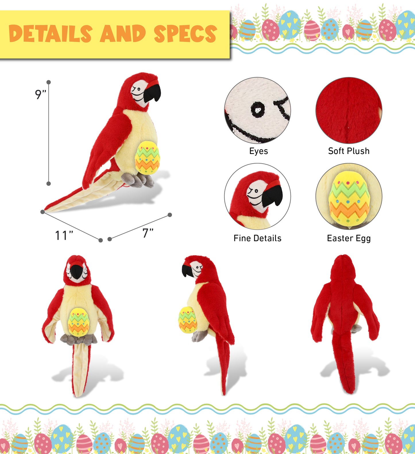 DolliBu Super Soft Cute Red Parrot with Yellow Easter Egg Plush - 9 Inches