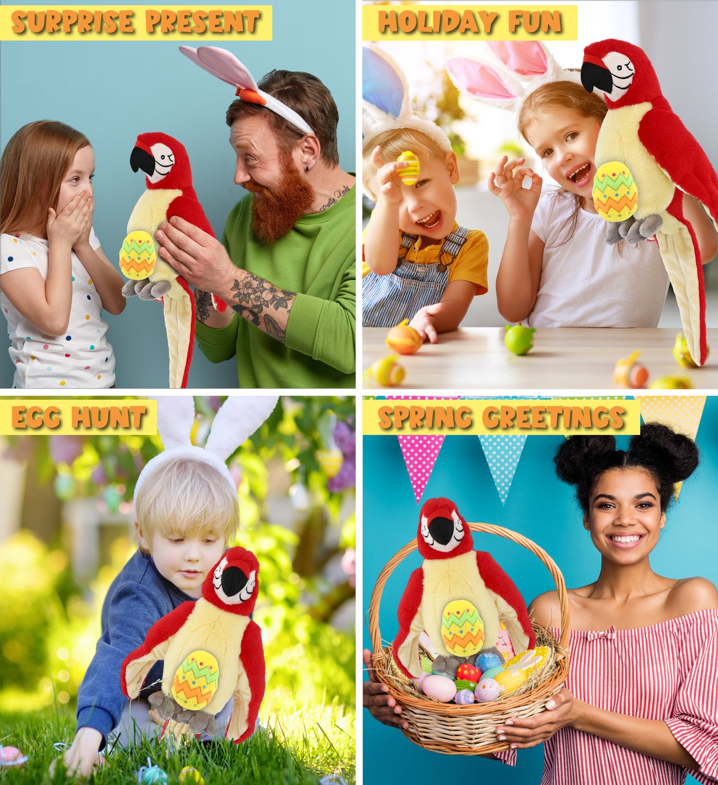 DolliBu Super Soft Cute Red Parrot with Yellow Easter Egg Plush - 9 Inches