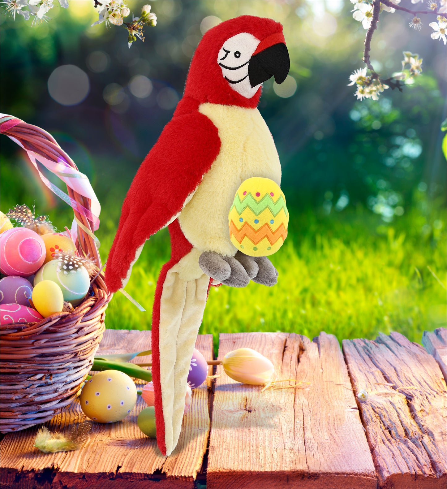 DolliBu Super Soft Cute Red Parrot with Yellow Easter Egg Plush - 9 Inches