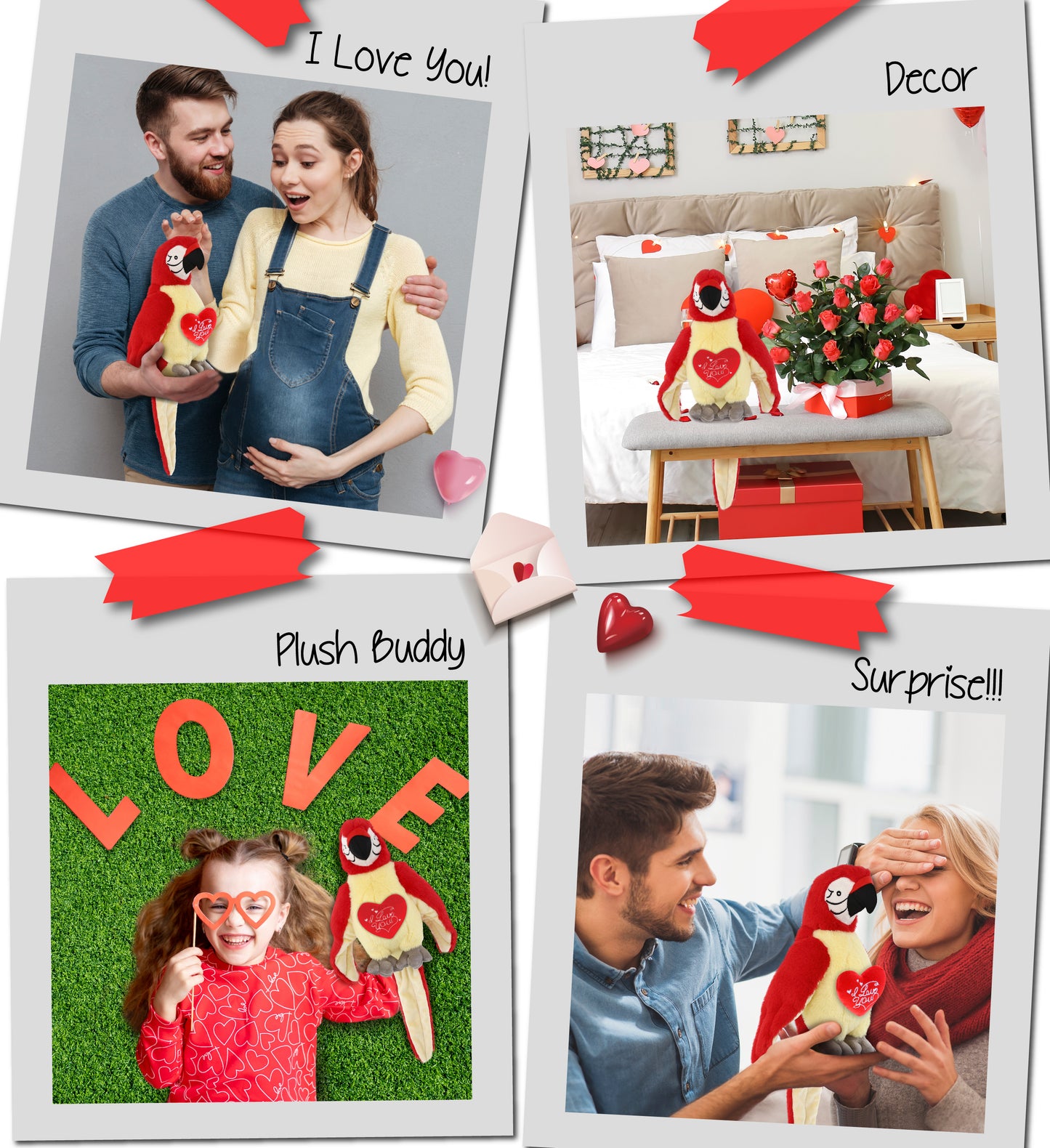 PLUSH I LOVE YOU RED HEART - SUPER-SOFT PLUSH - RED PARROT 9"