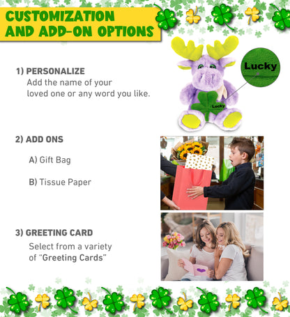 DolliBu Purple Moose with Scarf Stuffed Toy with Green Plush Shamrock - 12 Inch