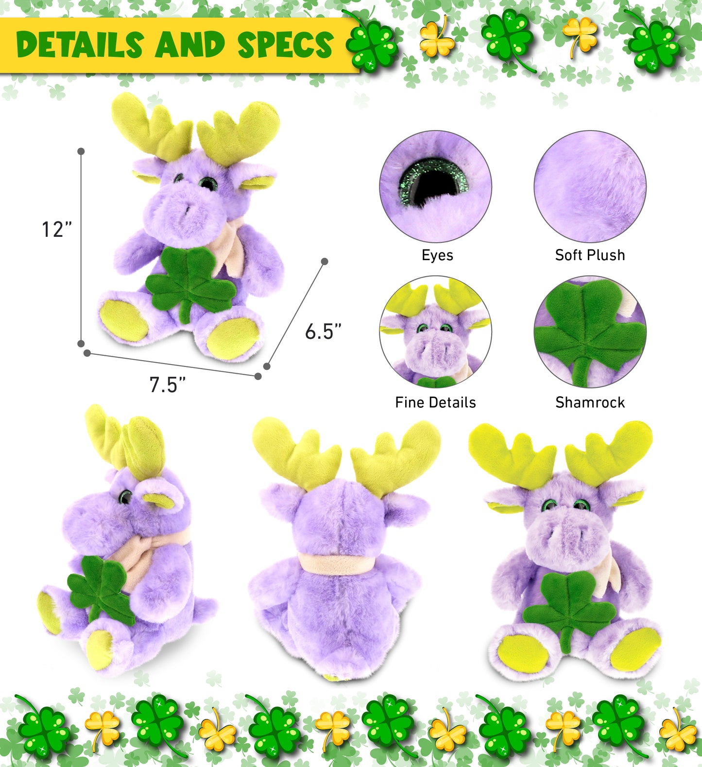 DolliBu Purple Moose with Scarf Stuffed Toy with Green Plush Shamrock - 12 Inch