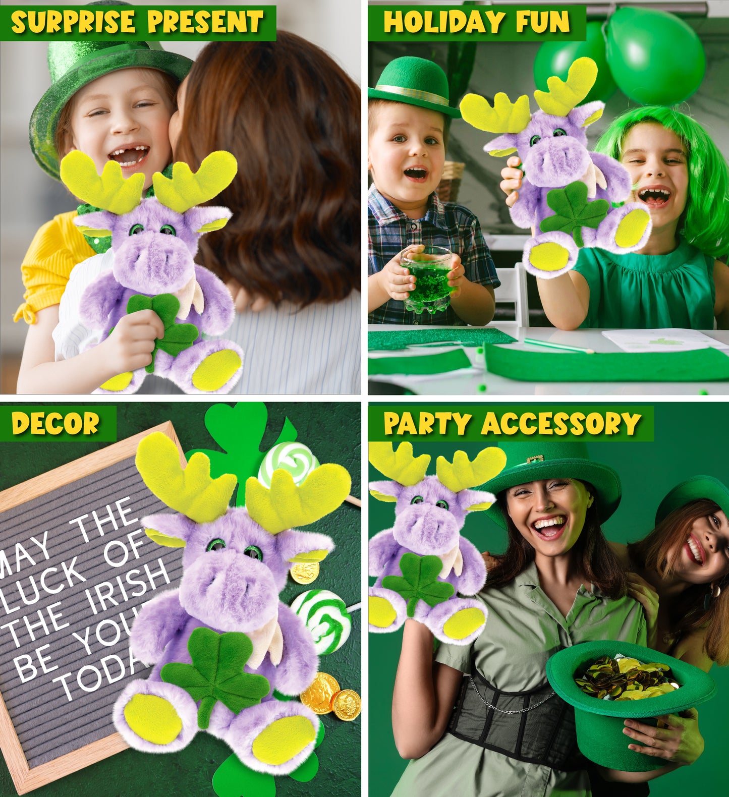 DolliBu Purple Moose with Scarf Stuffed Toy with Green Plush Shamrock - 12 Inch