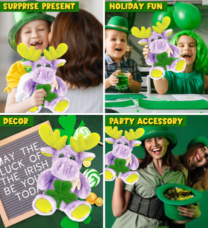 DolliBu Purple Moose with Scarf Stuffed Toy with Green Plush Shamrock - 12 Inch