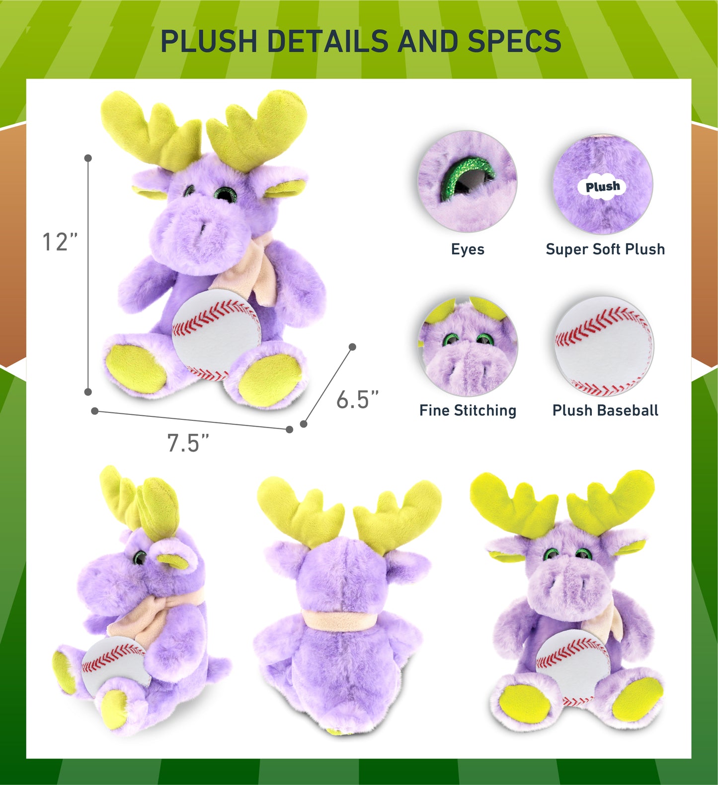 SUPER SOFT PLUSH - SITTING PURPLE MOOSE W/SCARF WITH BASEBALL PLUSH