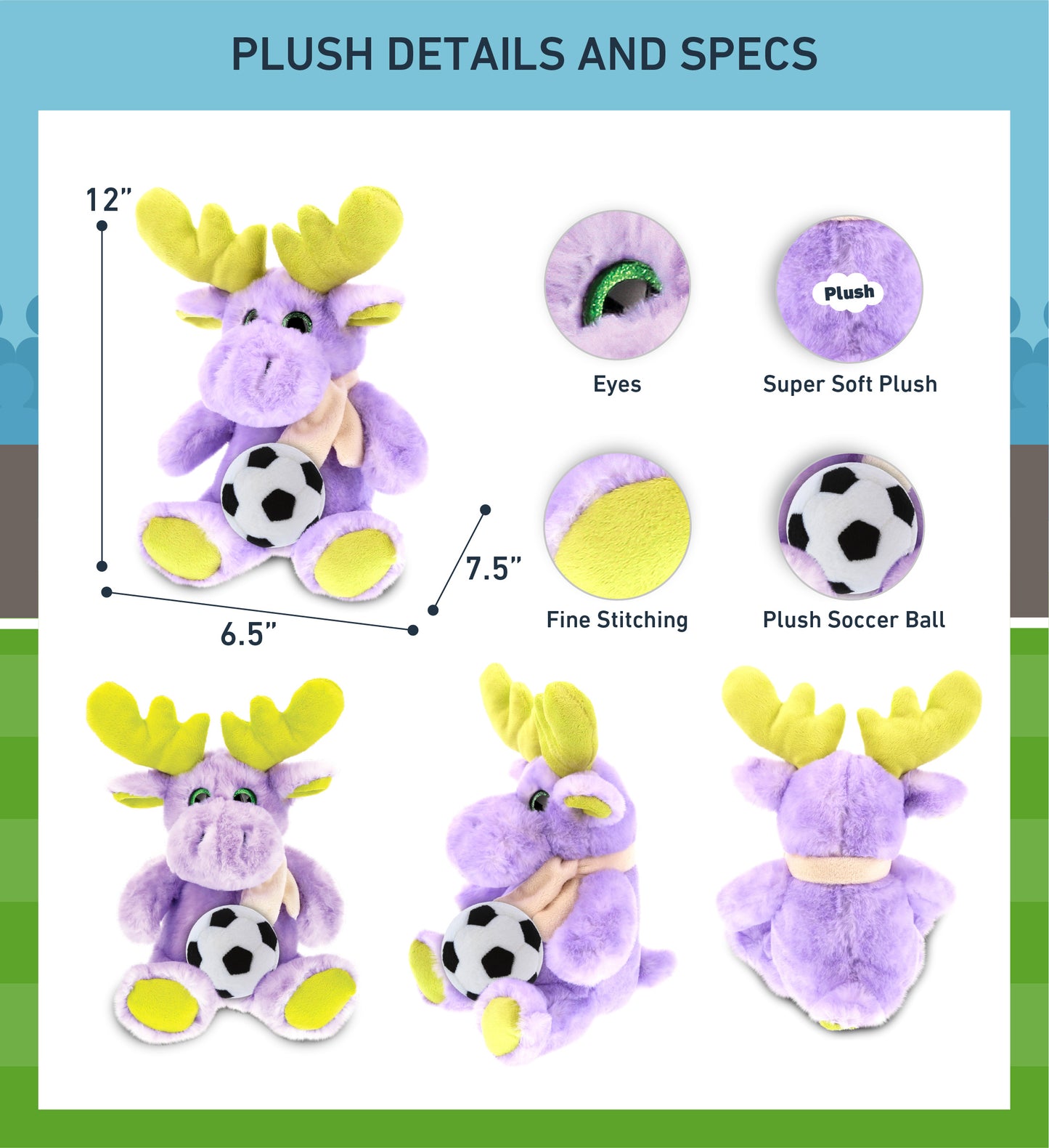 SUPER SOFT PLUSH - SITTING PURPLE MOOSE W/SCARF WITH SOCCER PLUSH