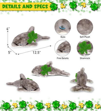DolliBu Cute Gray Dolphin Stuffed Animal with Green Plush Shamrock - 12 Inches
