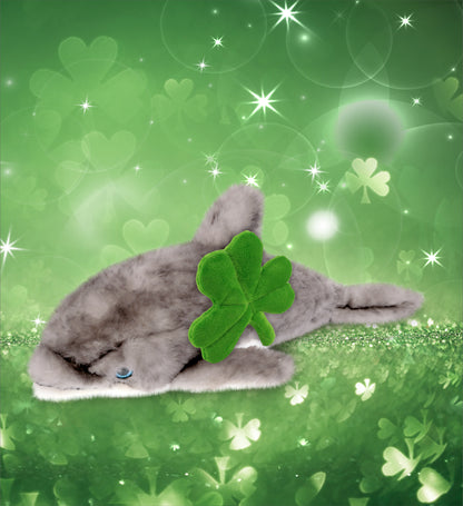 DolliBu Cute Gray Dolphin Stuffed Animal with Green Plush Shamrock - 12 Inches