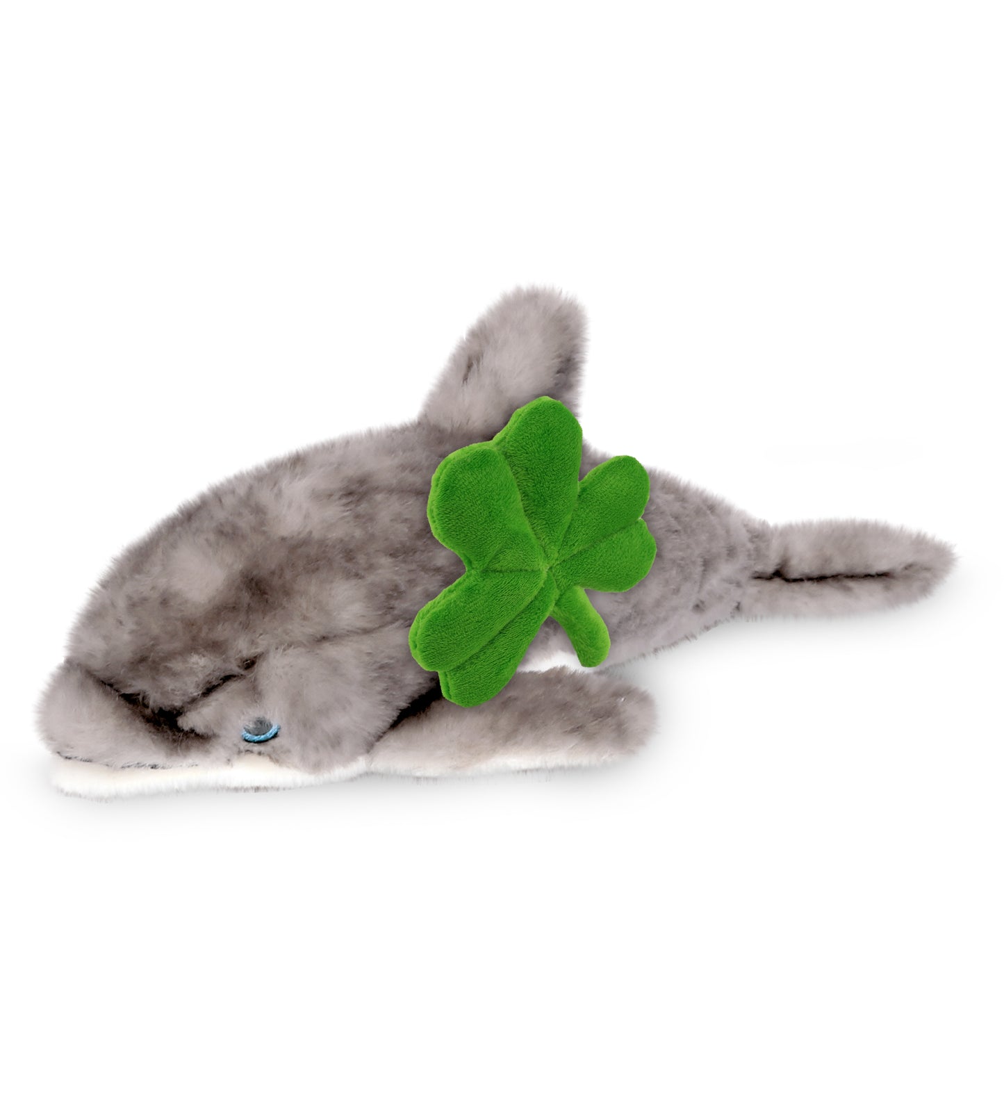 DolliBu Cute Gray Dolphin Stuffed Animal with Green Plush Shamrock - 12 Inches