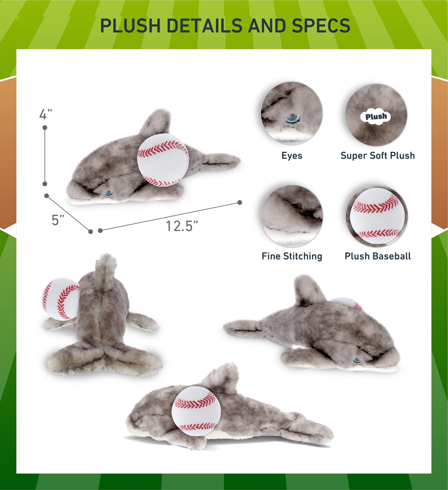 SUPER SOFT PLUSH - GREY DOLPHIN 12.5 INCH WITH BASEBALL PLUSH