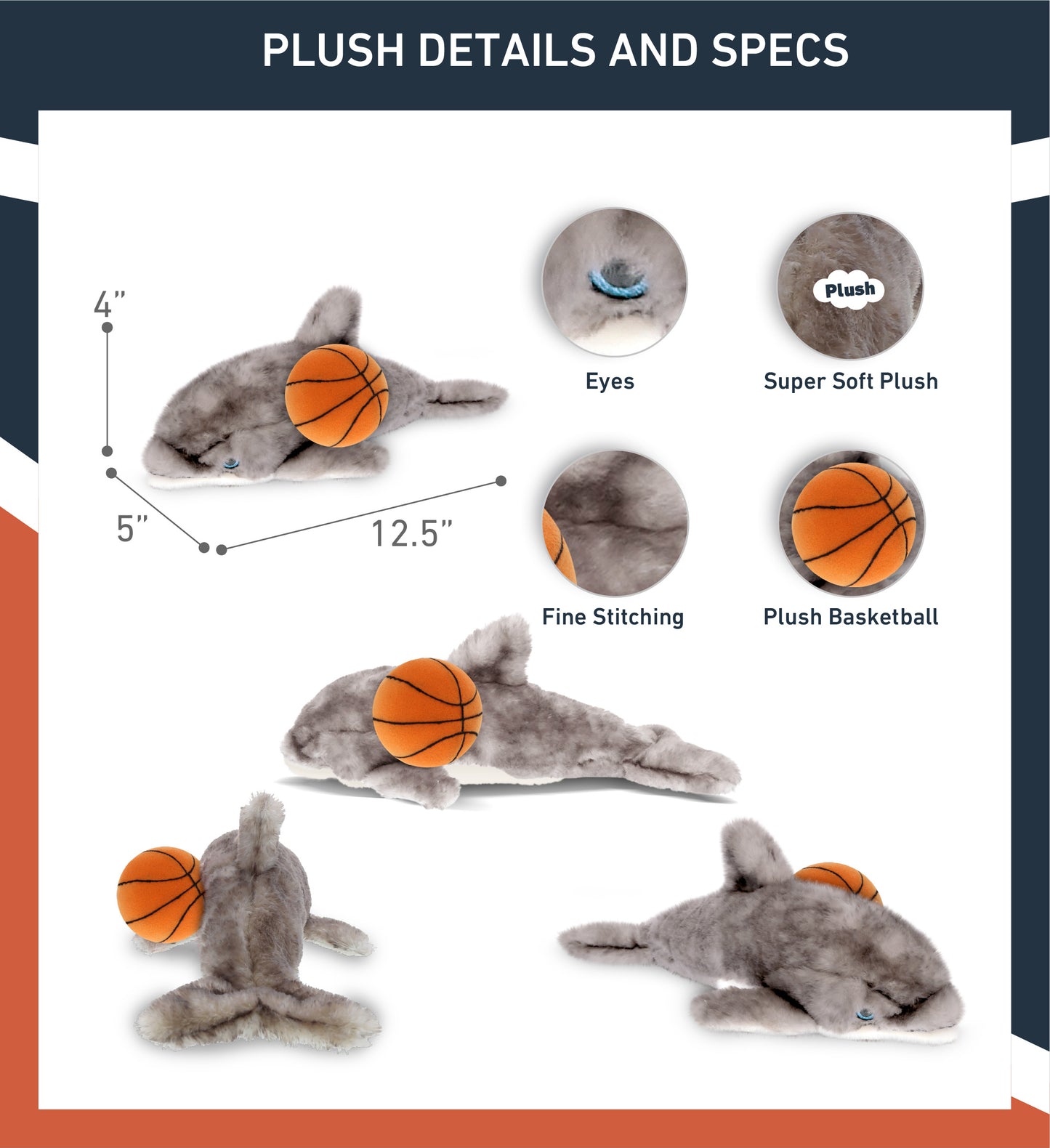 SUPER SOFT PLUSH - GREY DOLPHIN 12.5 INCH WITH BASKETBALL PLUSH
