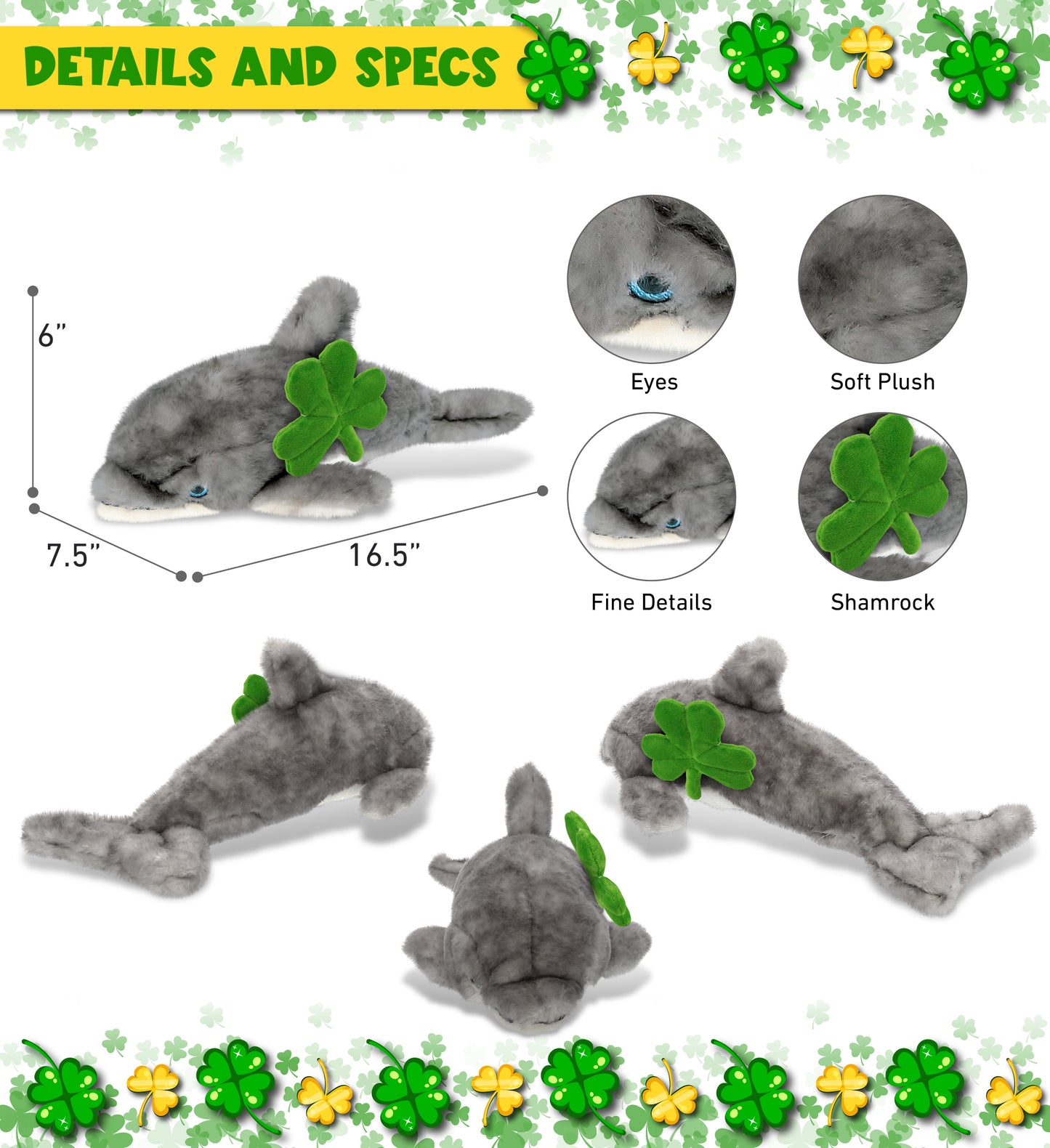 DolliBu Large Gray Dolphin Stuffed Animal with Green Plush Shamrock - 16.5 Inch