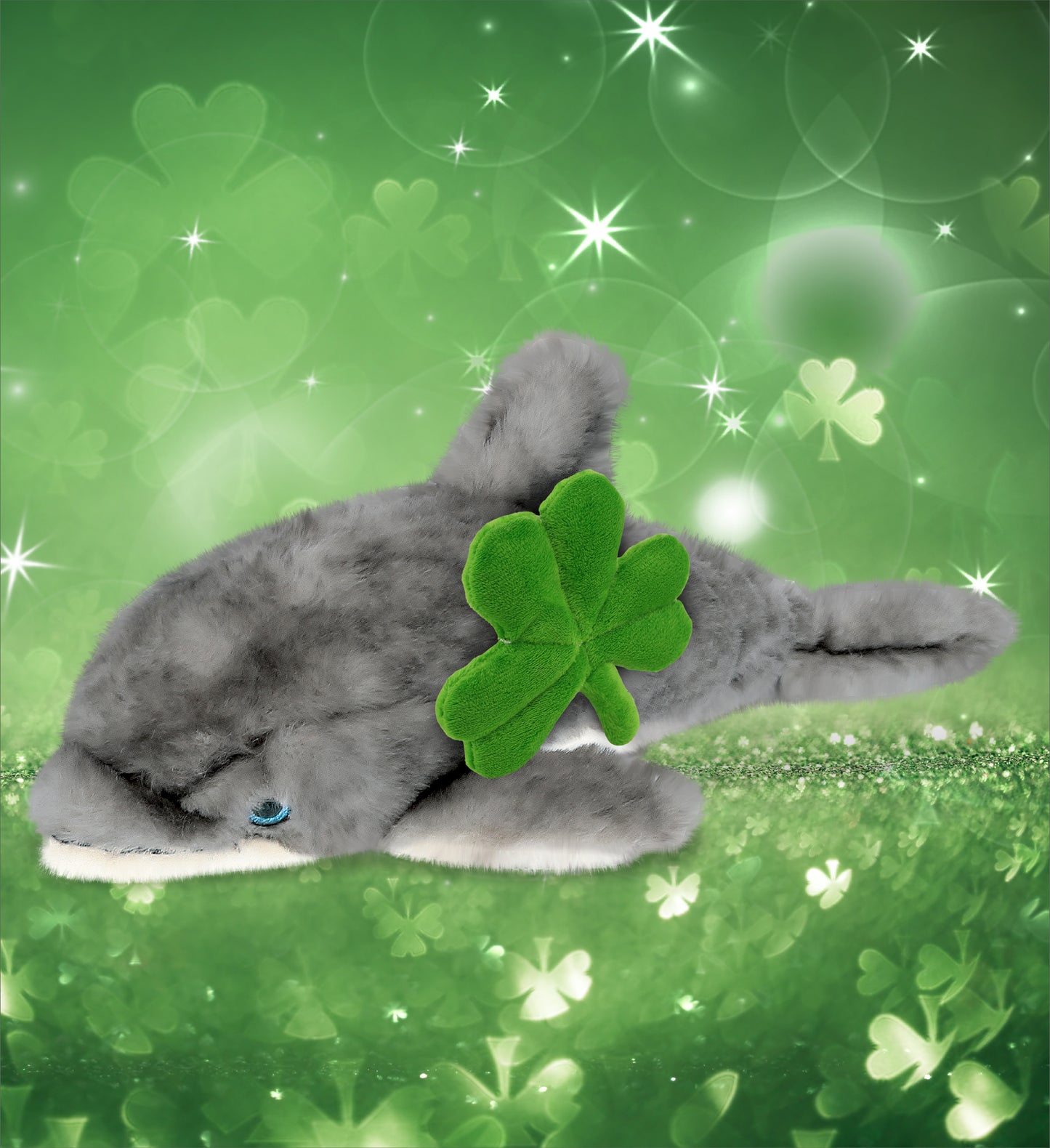 DolliBu Large Gray Dolphin Stuffed Animal with Green Plush Shamrock - 16.5 Inch
