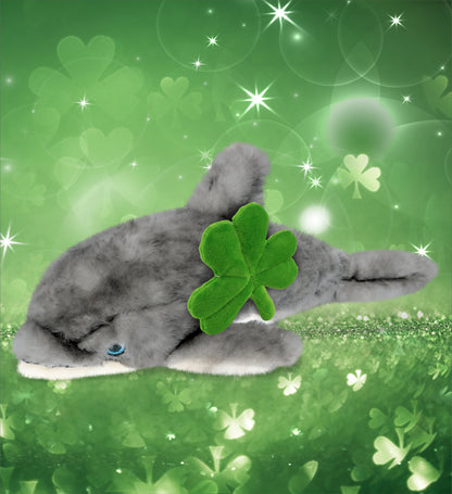 DolliBu Large Gray Dolphin Stuffed Animal with Green Plush Shamrock - 16.5 Inch