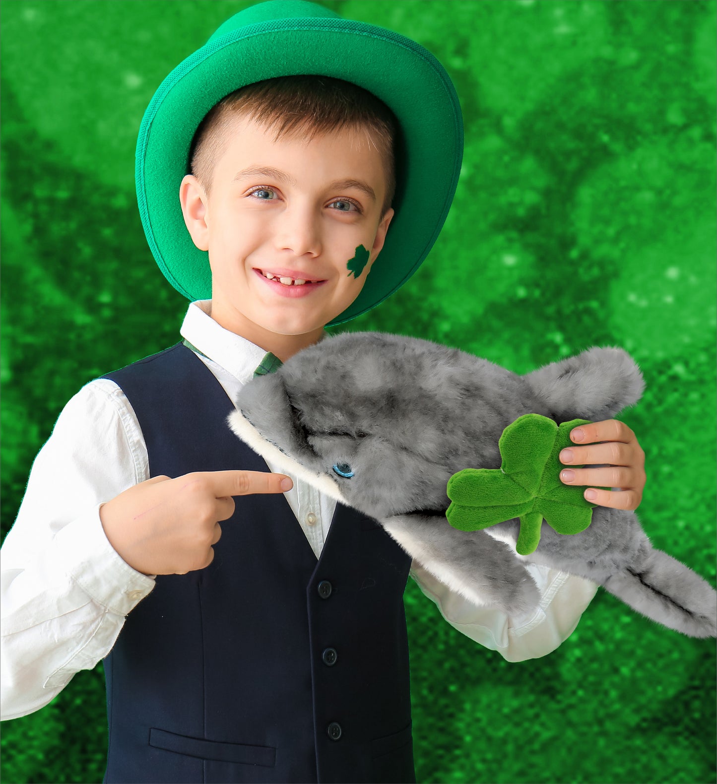DolliBu Large Gray Dolphin Stuffed Animal with Green Plush Shamrock - 16.5 Inch