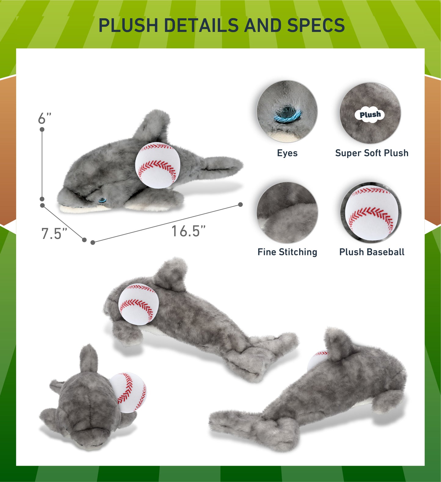 SUPER SOFT PLUSH - GREY DOLPHIN 16.5 INCH WITH BASEBALL PLUSH