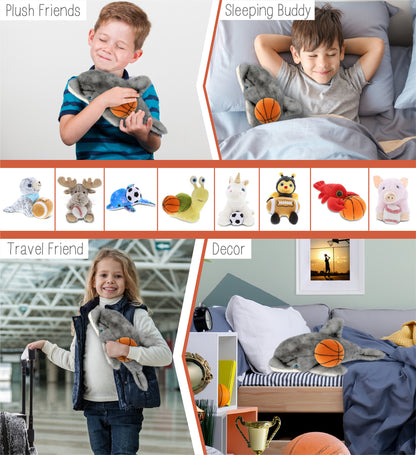 SUPER SOFT PLUSH - GREY DOLPHIN 16.5 INCH WITH BASKETBALL PLUSH