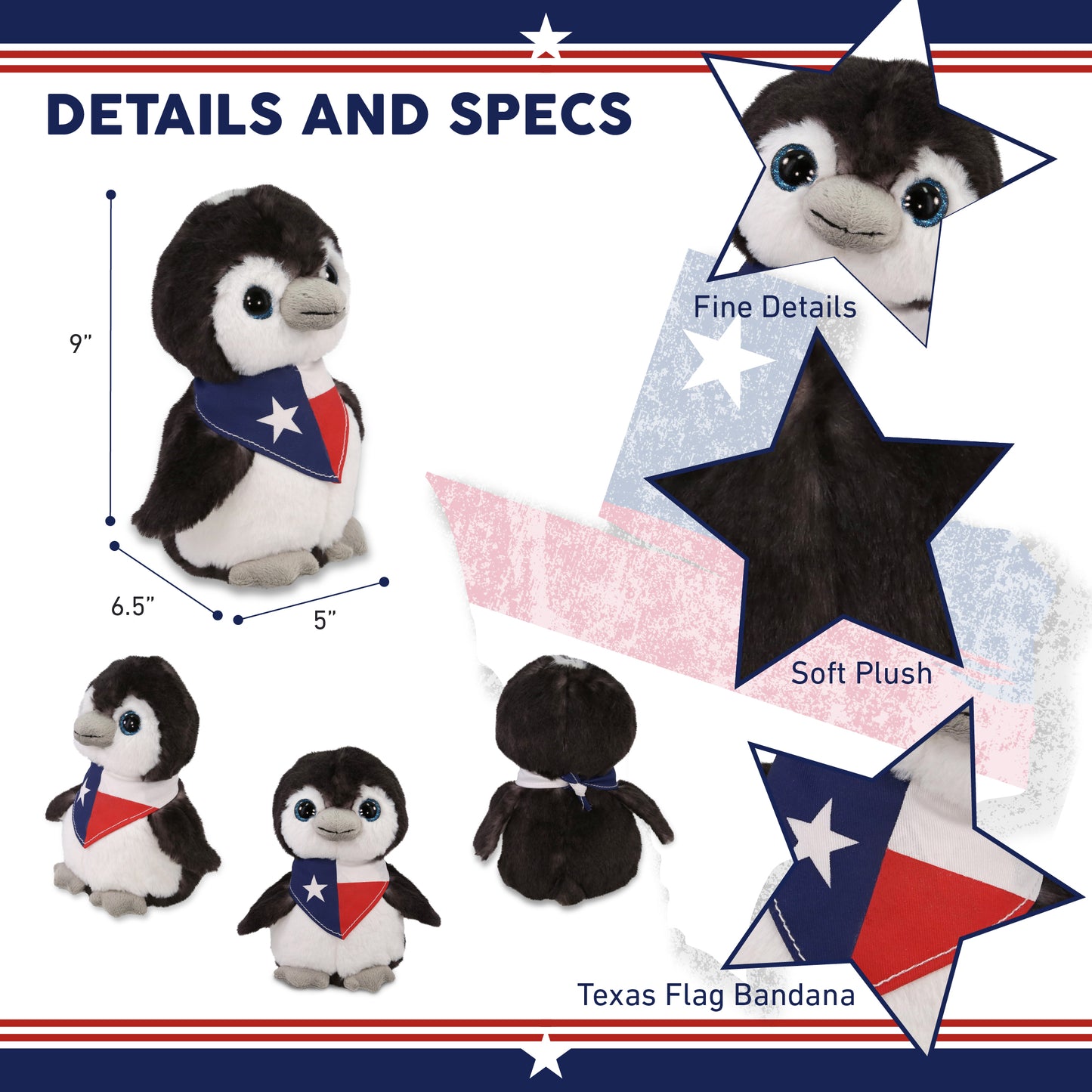 SUPER SOFT PLUSH - GREY PENGUIN 9 INCH WITH TEXAS FLAG BANDANA