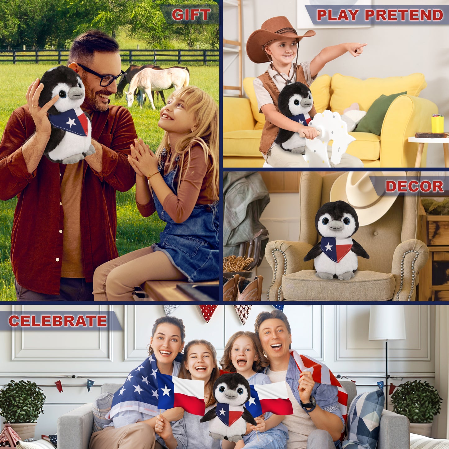 SUPER SOFT PLUSH - GREY PENGUIN 9 INCH WITH TEXAS FLAG BANDANA