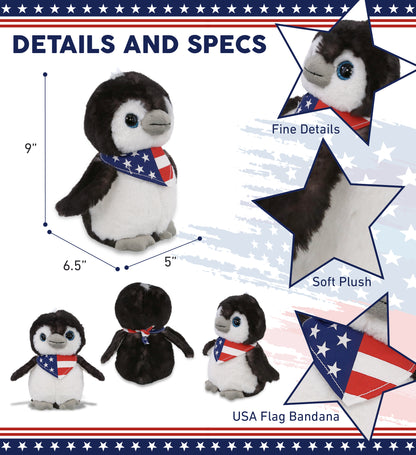 SUPER SOFT PLUSH - GREY PENGUIN 9 INCH WITH USA FLAG BANDANA