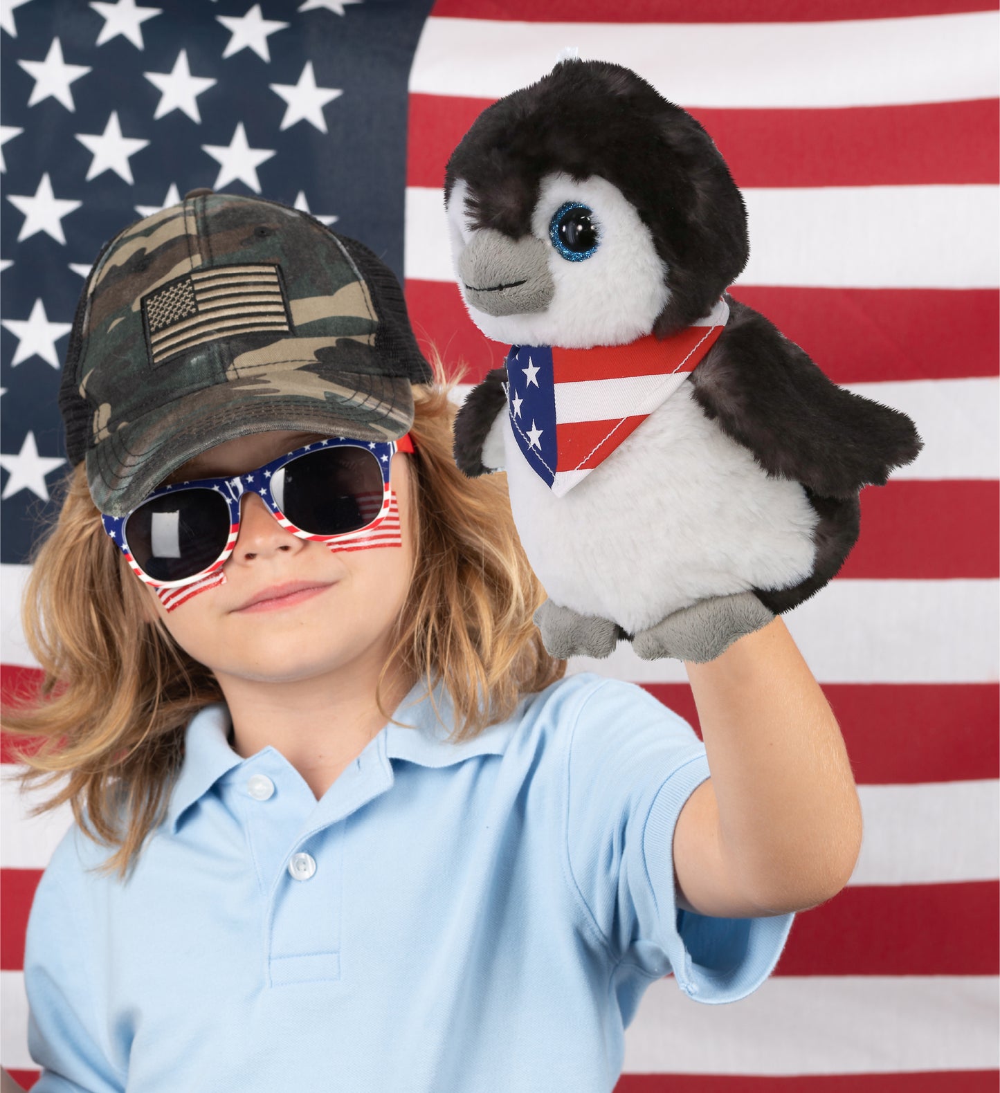 SUPER SOFT PLUSH - GREY PENGUIN 9 INCH WITH USA FLAG BANDANA