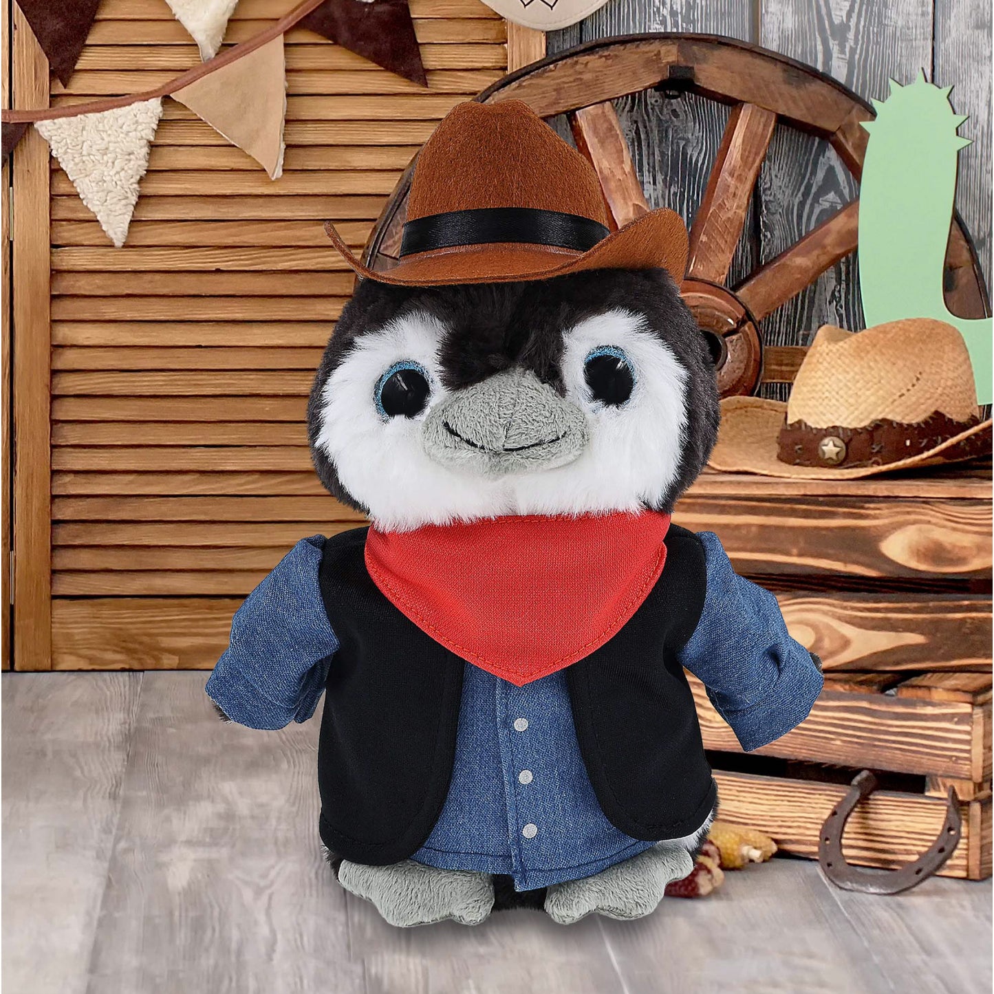SUPER SOFT PLUSH - GREY PENGUIN 9 INCH COWBOY DRESS UP