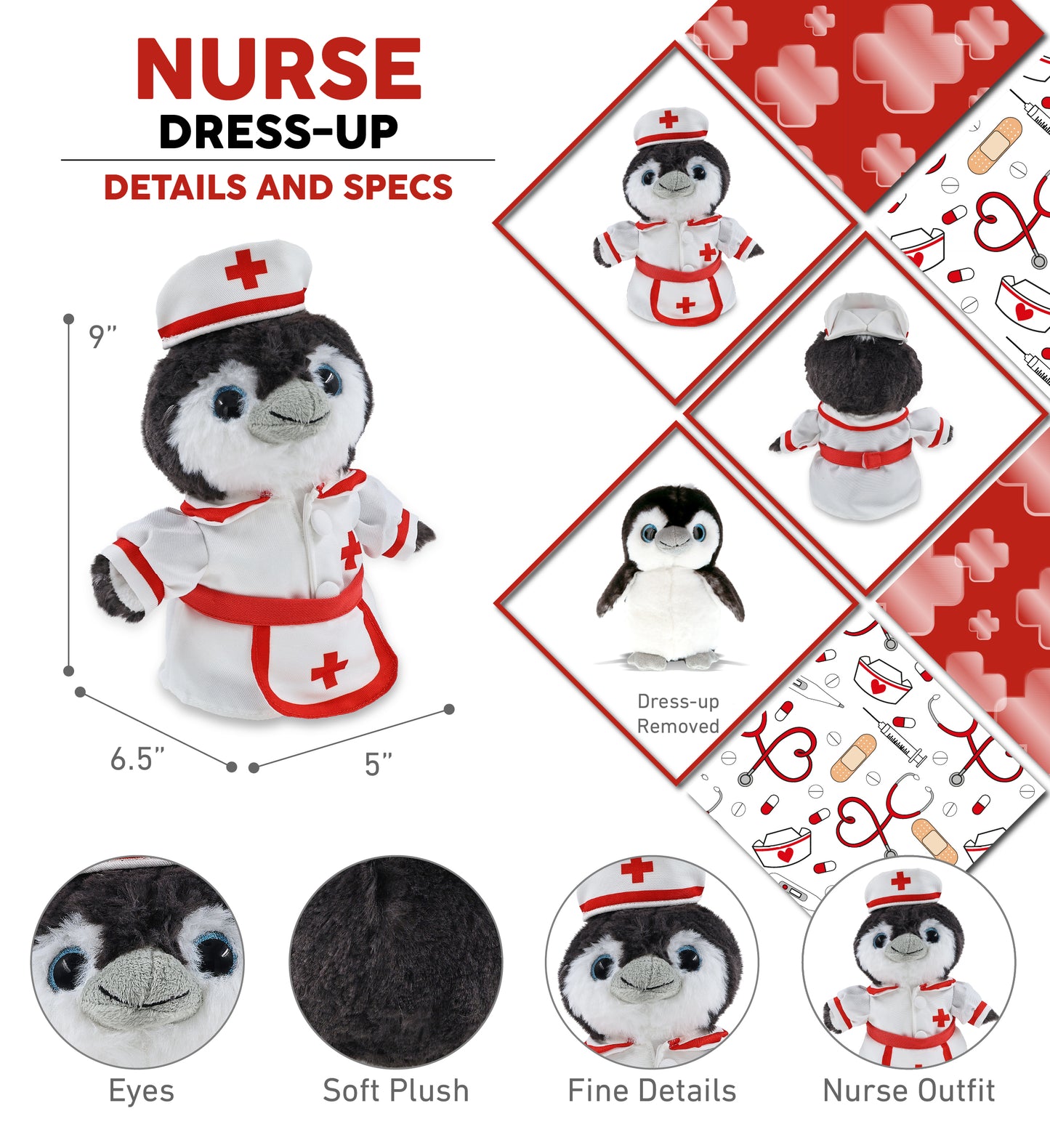 SUPER SOFT PLUSH - GREY PENGUIN 9 INCH With NURSE Dress-Up