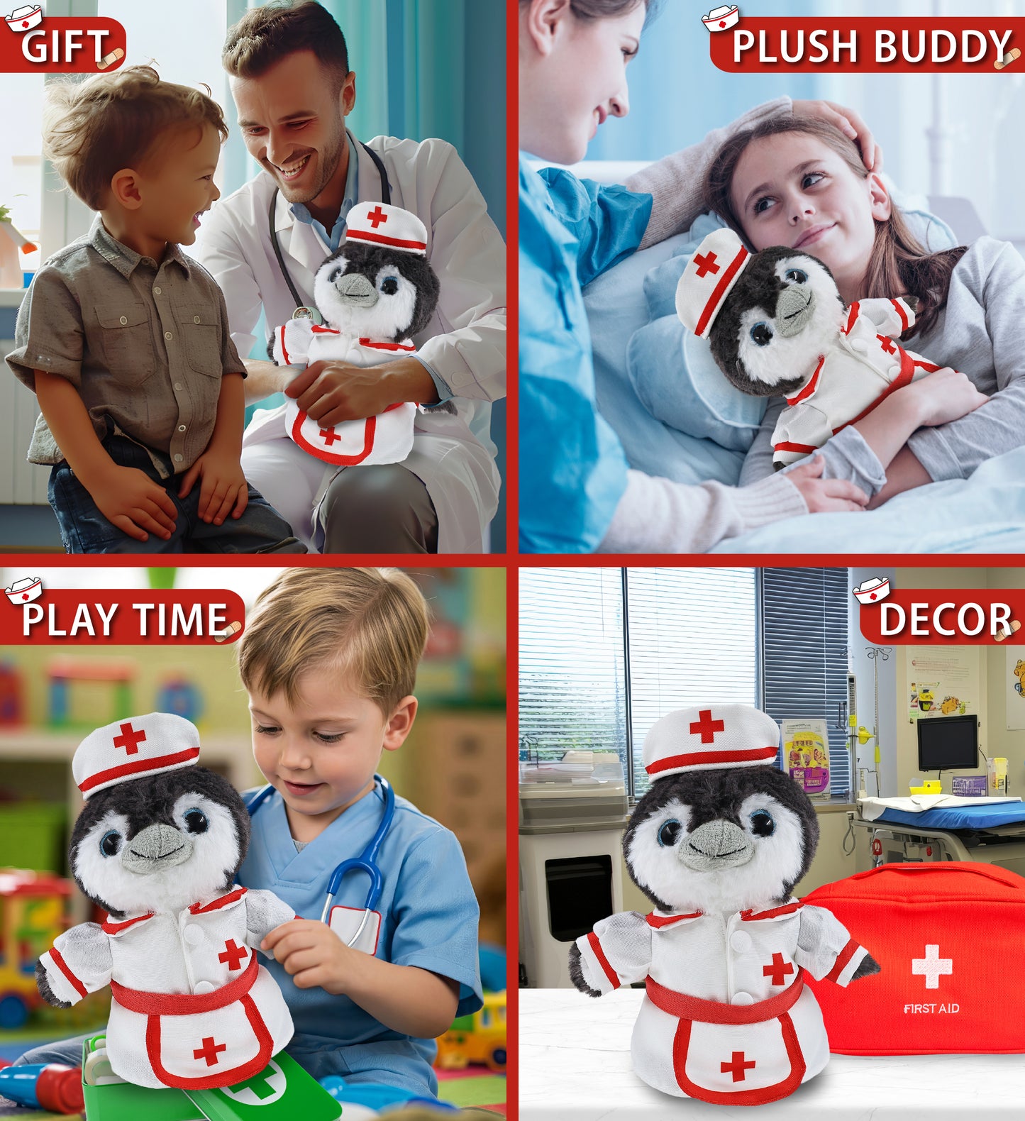 SUPER SOFT PLUSH - GREY PENGUIN 9 INCH With NURSE Dress-Up