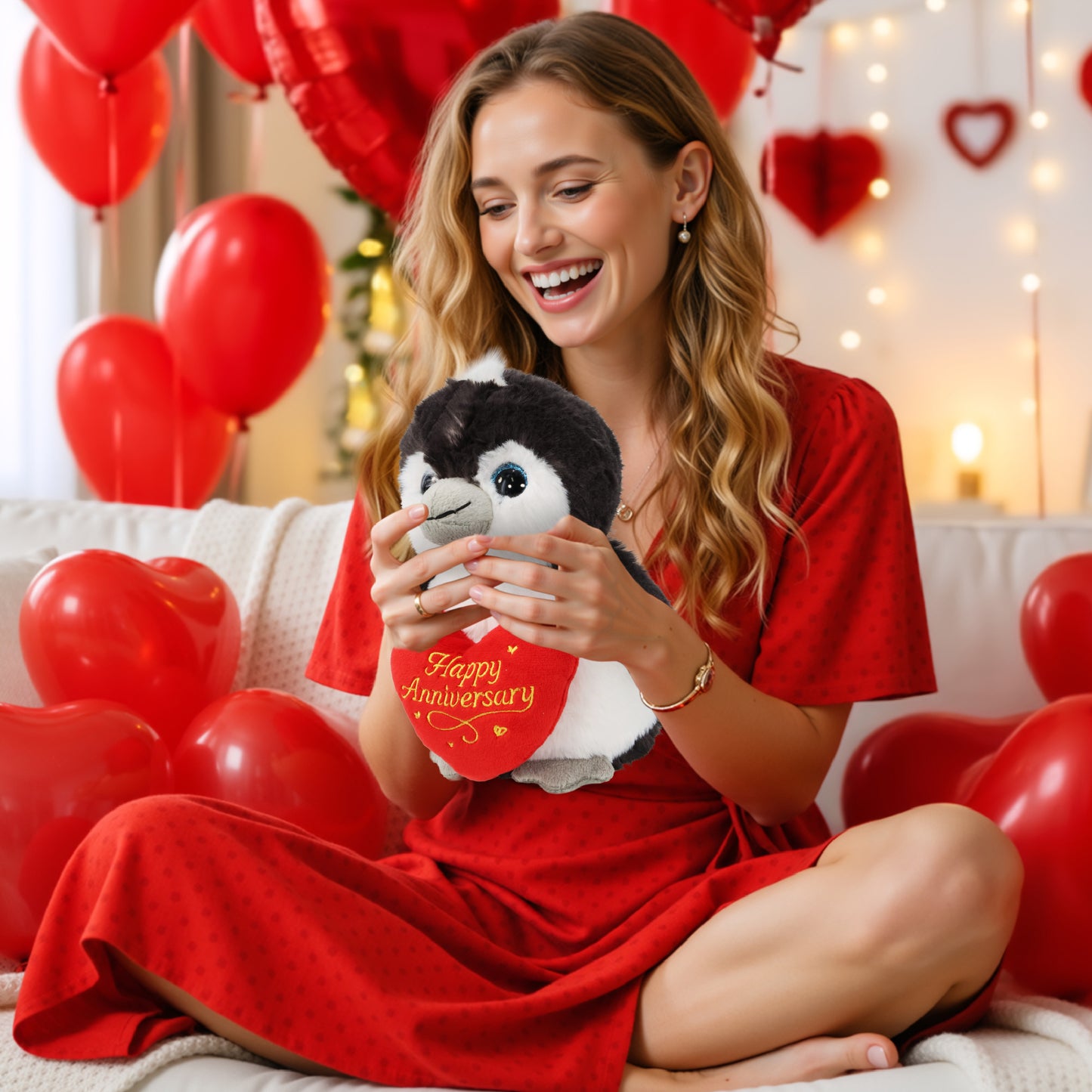 SUPER SOFT PLUSH - GREY PENGUIN 9 INCH WITH HAPPY ANNIVERSARY HEART