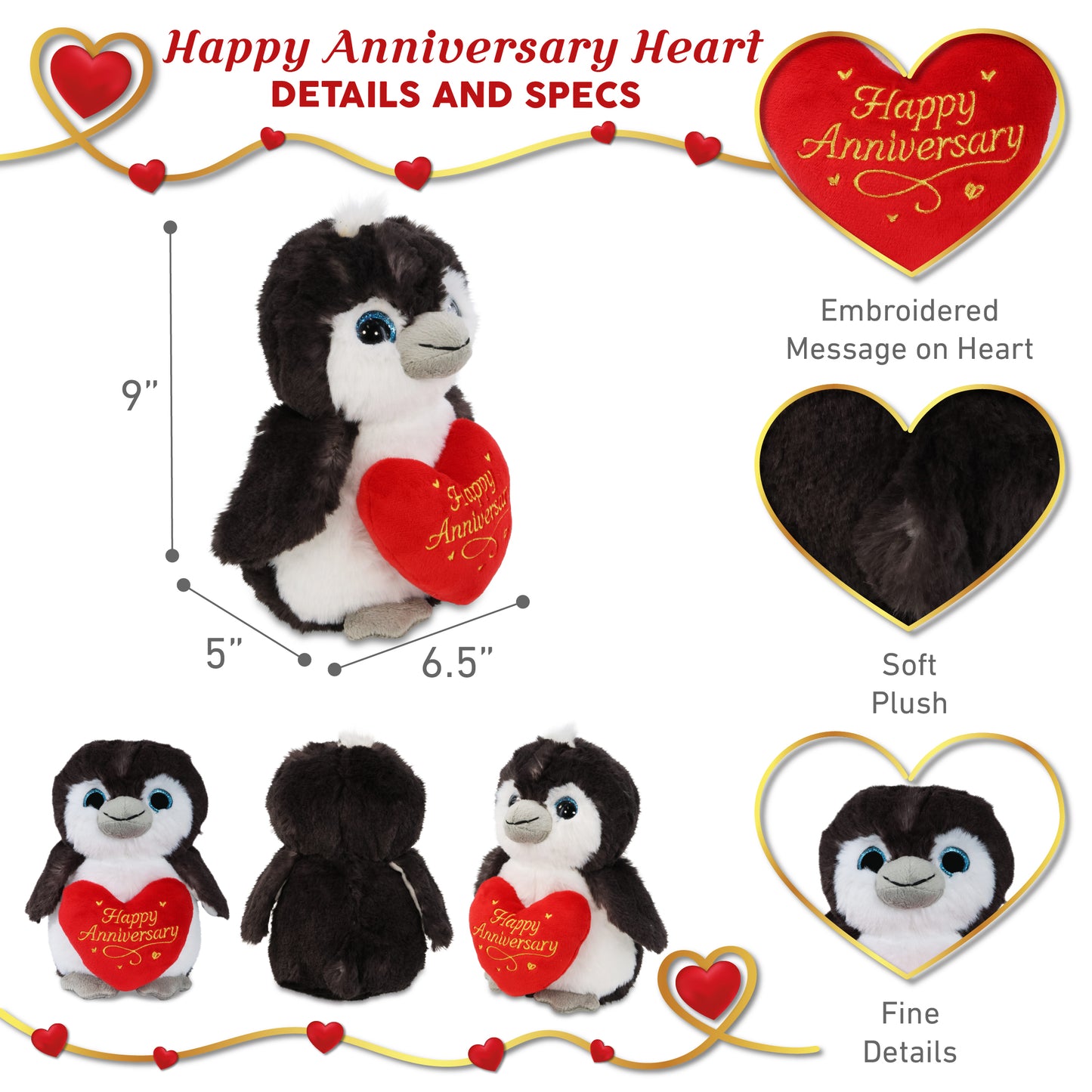 SUPER SOFT PLUSH - GREY PENGUIN 9 INCH WITH HAPPY ANNIVERSARY HEART