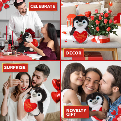 SUPER SOFT PLUSH - GREY PENGUIN 9 INCH WITH HAPPY ANNIVERSARY HEART