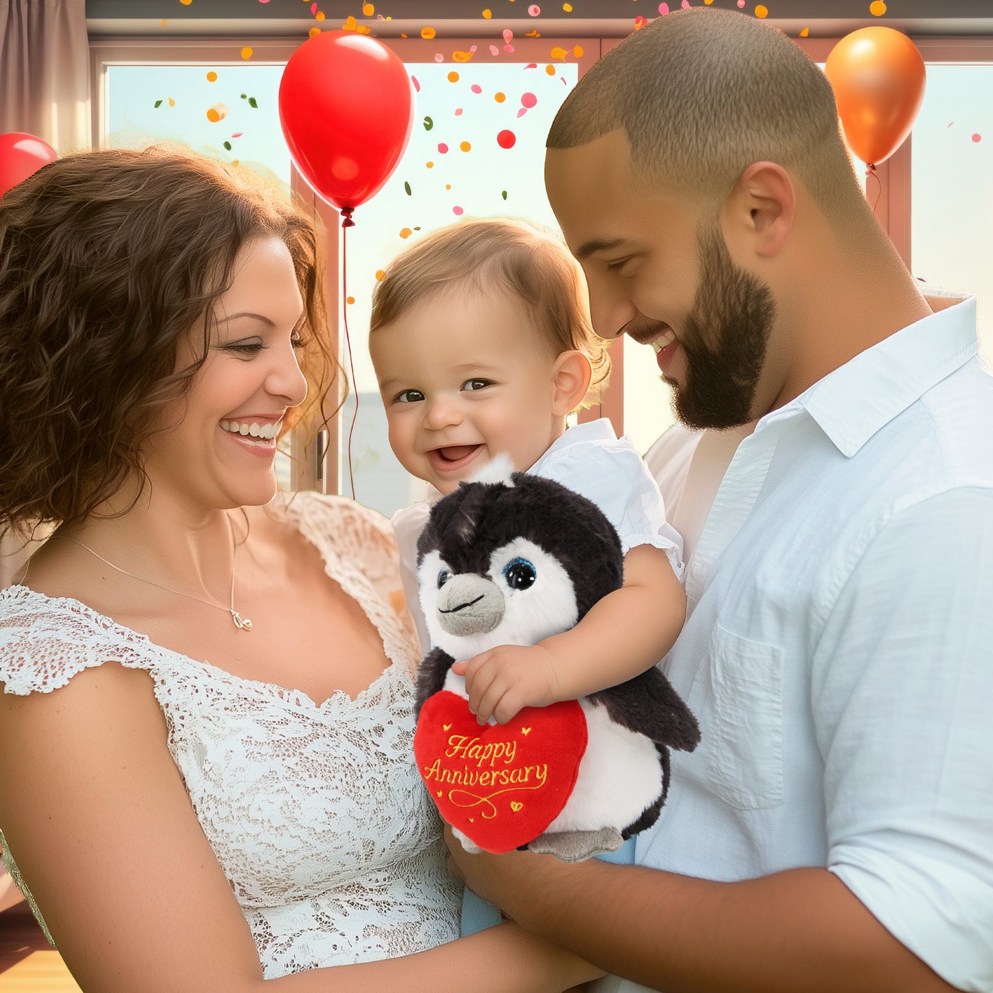 SUPER SOFT PLUSH - GREY PENGUIN 9 INCH WITH HAPPY ANNIVERSARY HEART